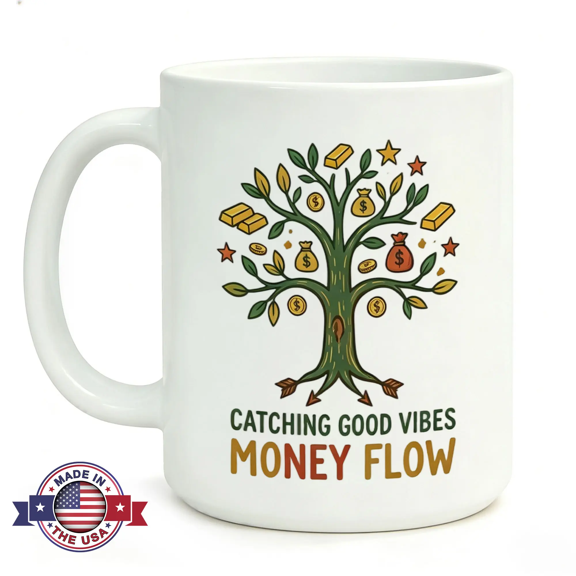 11oz Porcelain Money Tree Coffee Mug - Modern, Heat Resistant Ceramic Wealth Manifestation Cup for Female Entrepreneurs, Office Gift to Catch Good Vibes & Boost Money Flow