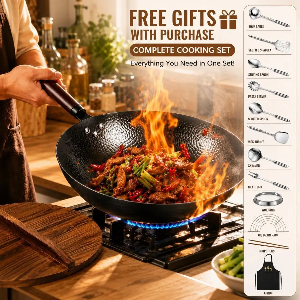 FAXHION 14Pcs Wok, Pan, Full Set of Kitchen Utensils, High-calorie Wok, Black Stir-fry, Suitable for Home-cooked Dishes with Gas Stoves, and Father's Day Gifts Are Suitable for Cooking Enthusiasts.