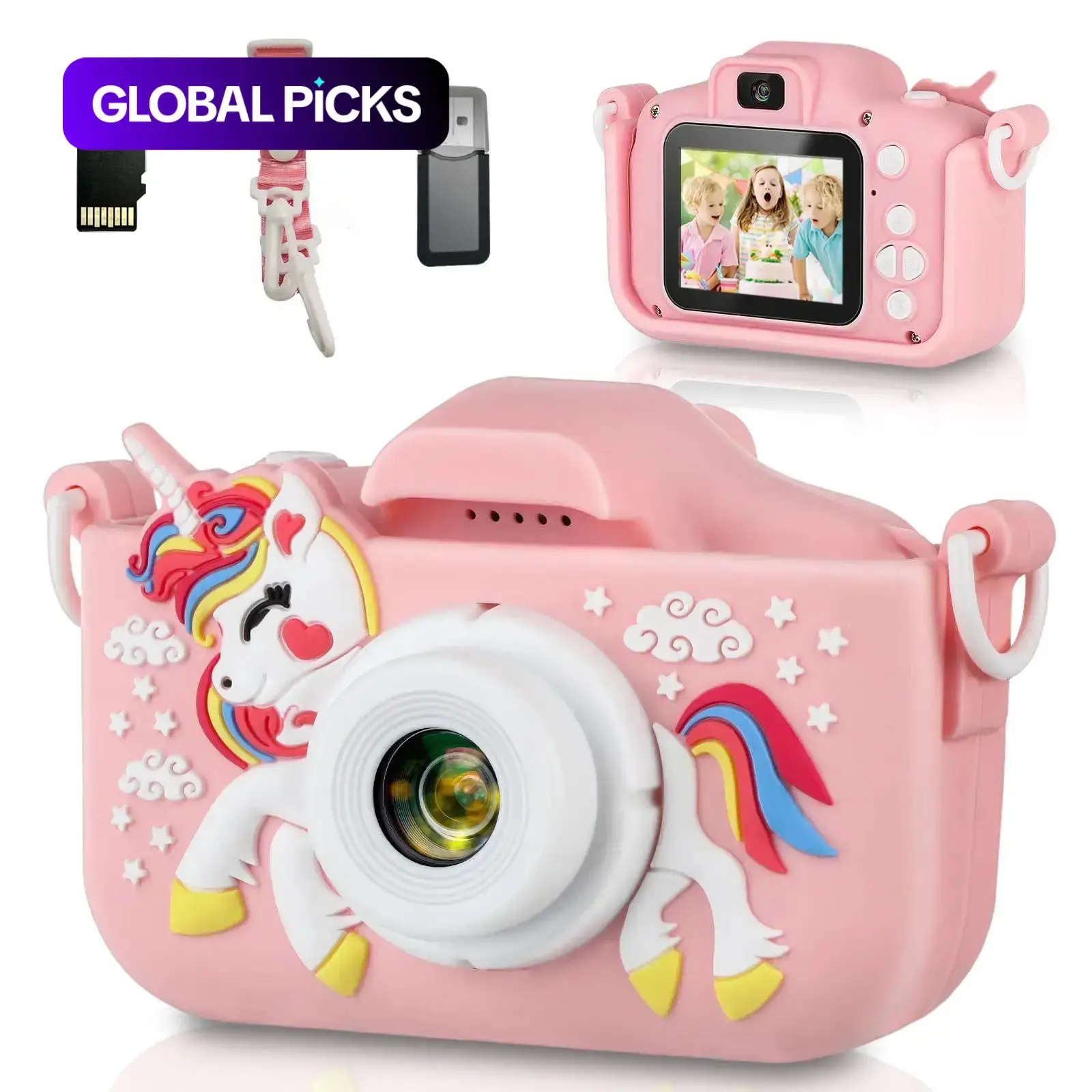 Toy Unicorn Mini Camera for Kids, Selfie Digital Camera, USB Rechargeable Camera with Memory Card, Strap, Reader, Birthday Christmas Gift for Boys Girls #GLOBAL PICKS