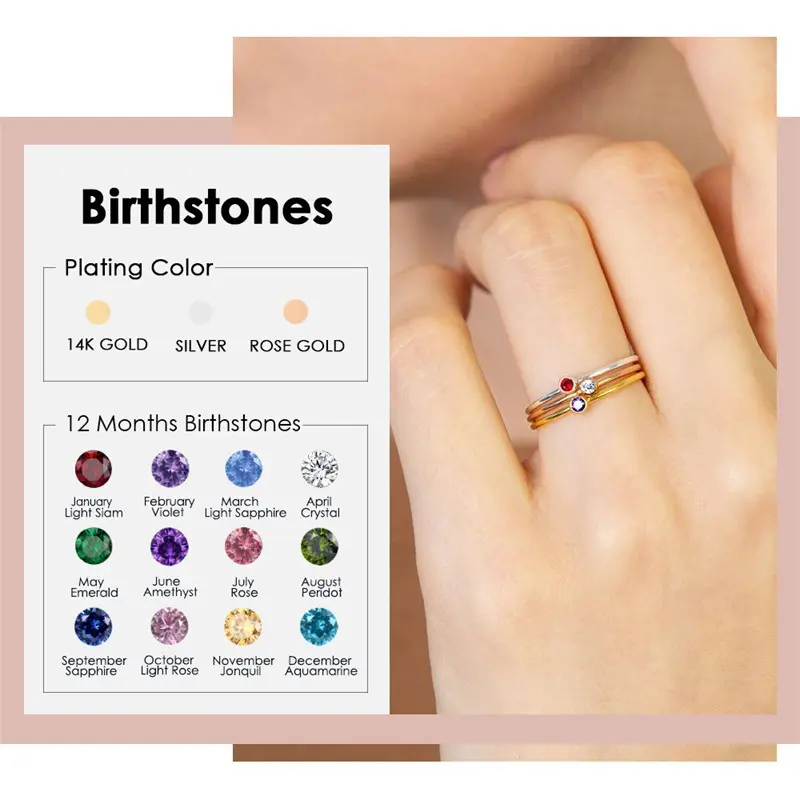 Stainless steel twelve birthstone rings for women, simple round diamond cup niche inlaid rings, zirconia jewelry