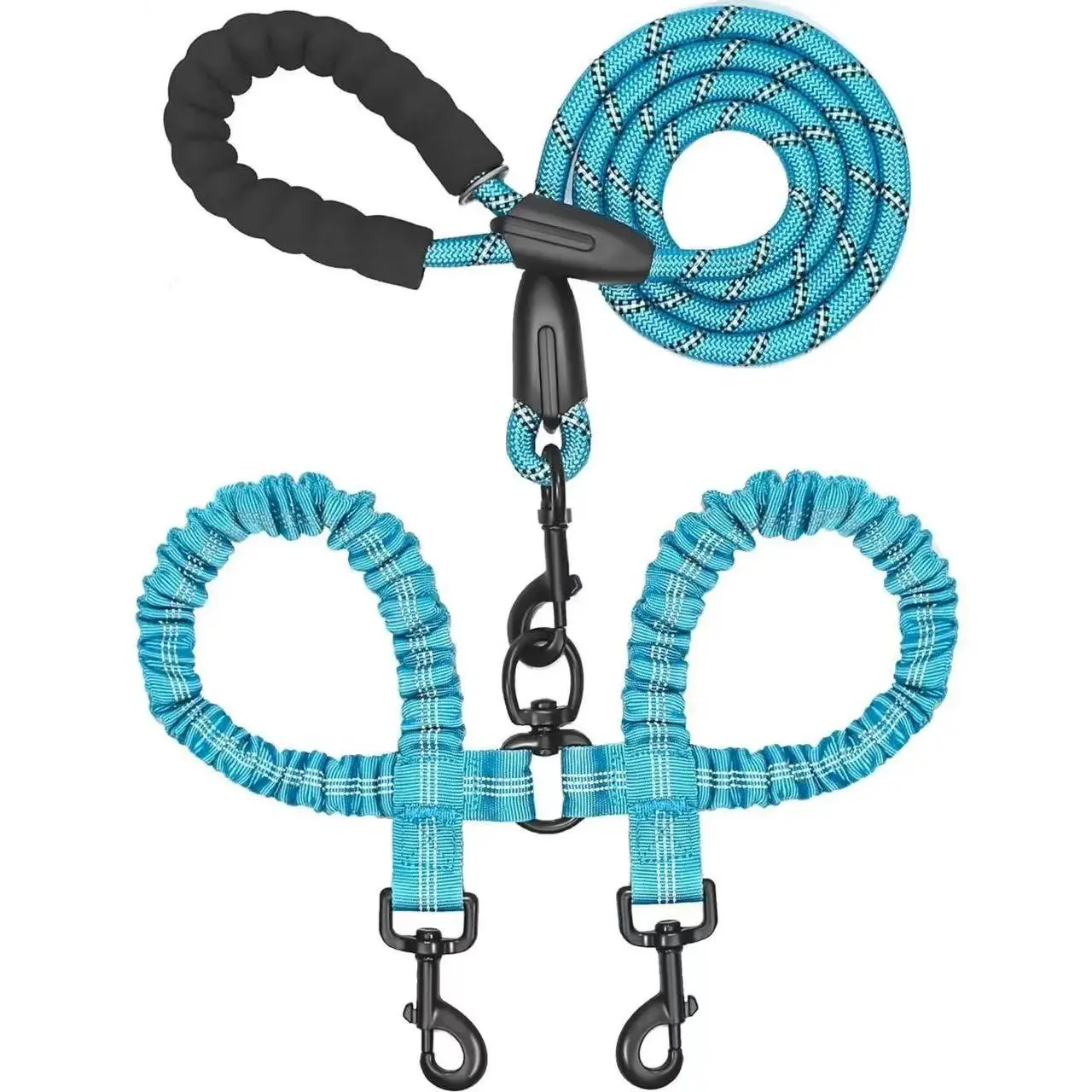 Retractable Dual Dog Leash for 2 Dogs - 3-16 ft Heavy-Duty Nylon Tangled-Free Walking Lead with 2-in-1 Swivel Buckle, Shock-Absorbing Bungee, Reflective Strap, 3-16 ft Retraction, Pull Control (150 Lbs Capacity), Dual Leashes, No Tangle Leash, Safety Leas