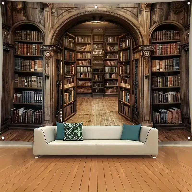 Vintage Library Bookshelf Backdrop Classic Study Style Tapestry Wall Hanging, Library Photography Background, Premium Polyester Wall Decor for Home Office, Reading Corner, Living Room Display, Event Venue