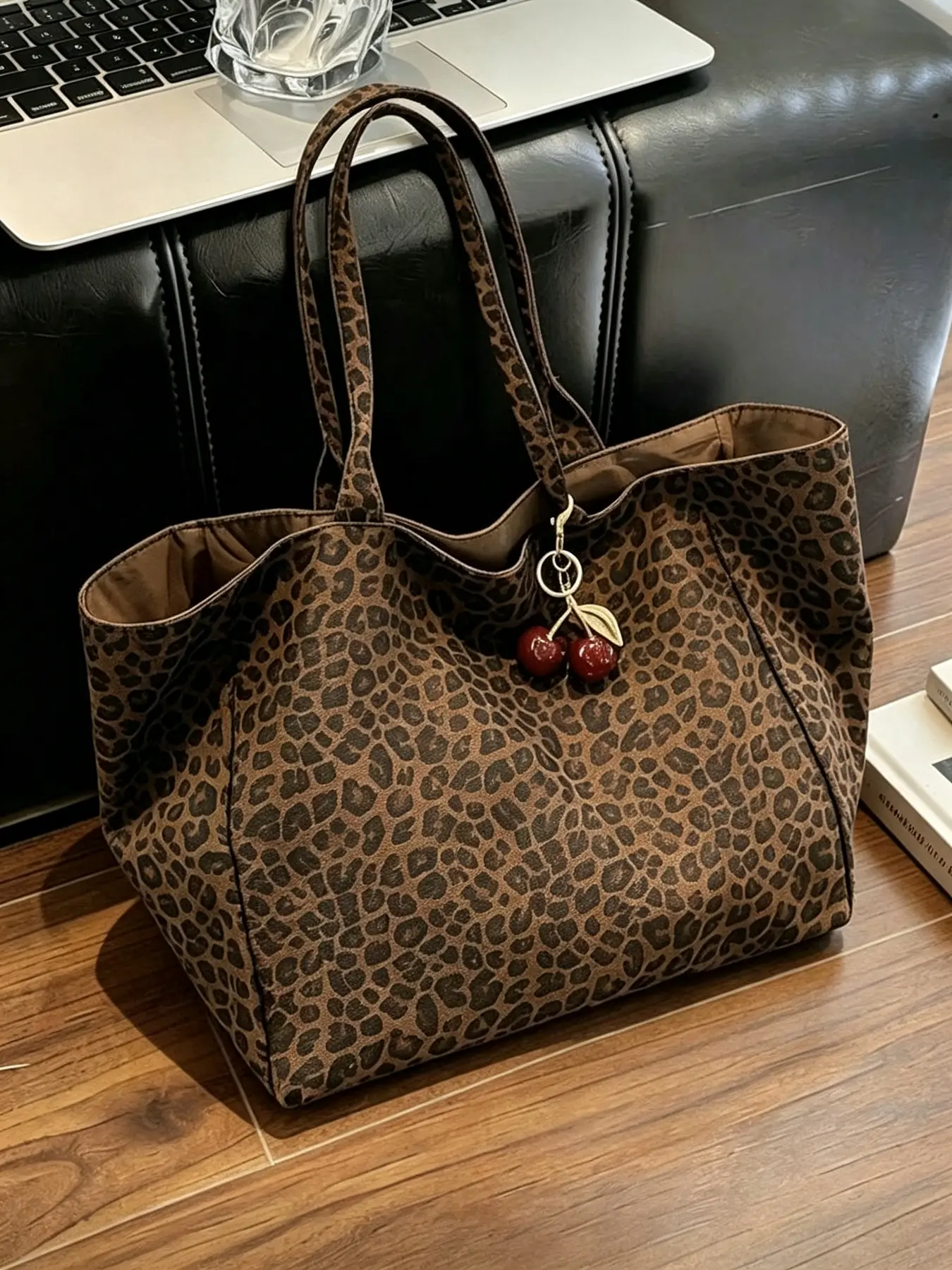 Large Capacity Women's Brown Tote Handbag With Red Cherry Pendant Leopard Print Design Sturdy Double Handles Daily Work Shopping Travel Purse