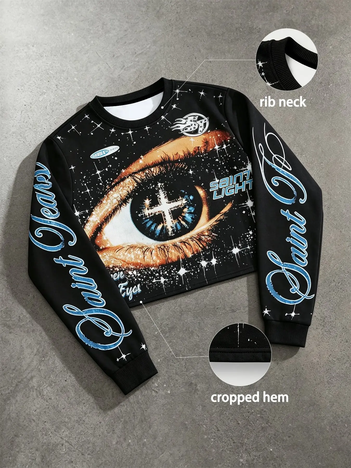 Men's Cropped Crew Neck Long‑Sleeve Sweatshirt, Eye & Star Pattern Print, Y2K Streetwear Pullover, For Daily Outing, Hip‑Hop Look & Trendy Street Outfit