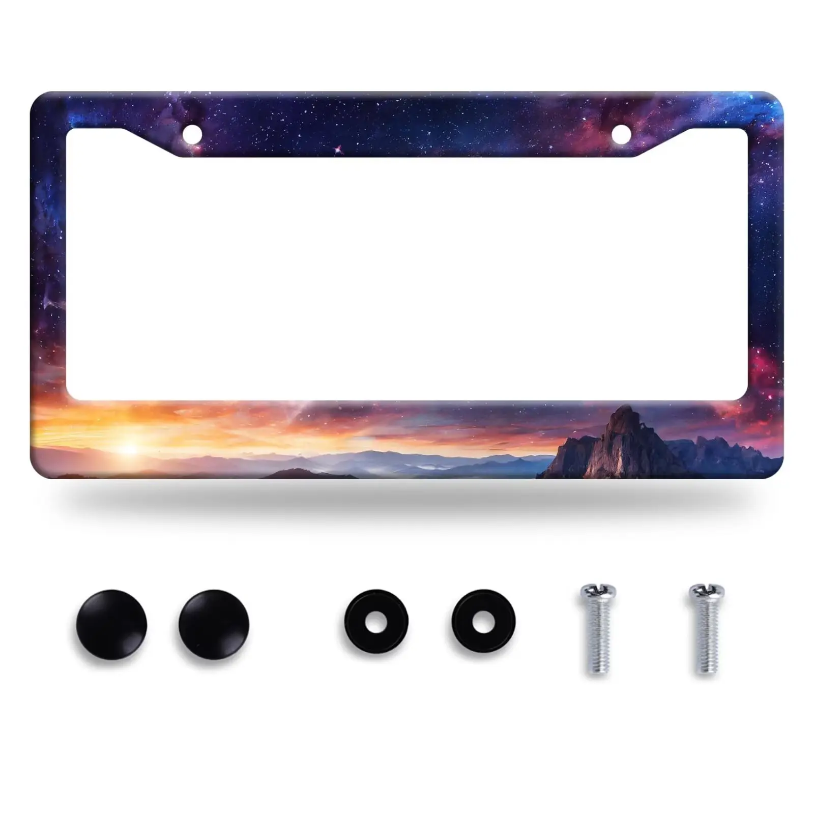 Cosmic Galaxy Nebula License Plate Frame, Beautiful Mountain Range Starry Night Sky Car Tag Holder, Novelty Stainless Steel Nature Landscape Auto Plate Covers for Front Rear Plates with Screws Caps
