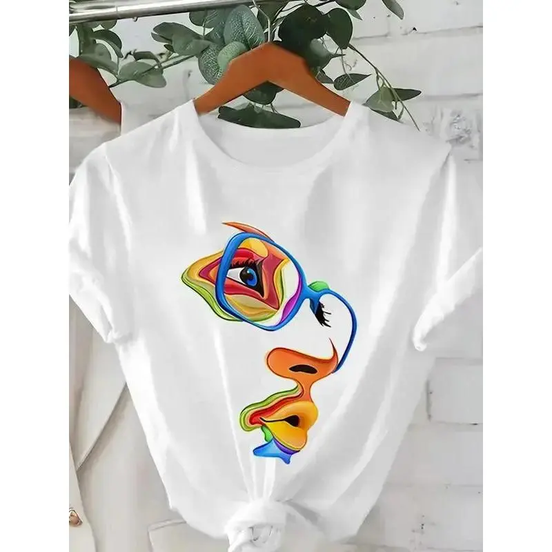 Women's Colorful Abstract Face Print Round Neck Tee, Fashion Casual Short Sleeve T-shirt for Daily Wear, Ladies Summer Clothes Top Fit