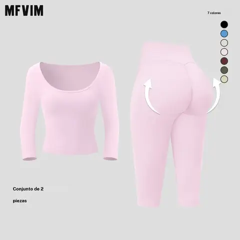 MFVIM women’s pure-yet-sensual off-the-shoulder slim-fit, waist-cinching, second-skin feel 3/4-sleeve yoga pants two-piece set; high-waisted, tummy control shaping for fitness and Pilates, suitable for everyday wear.