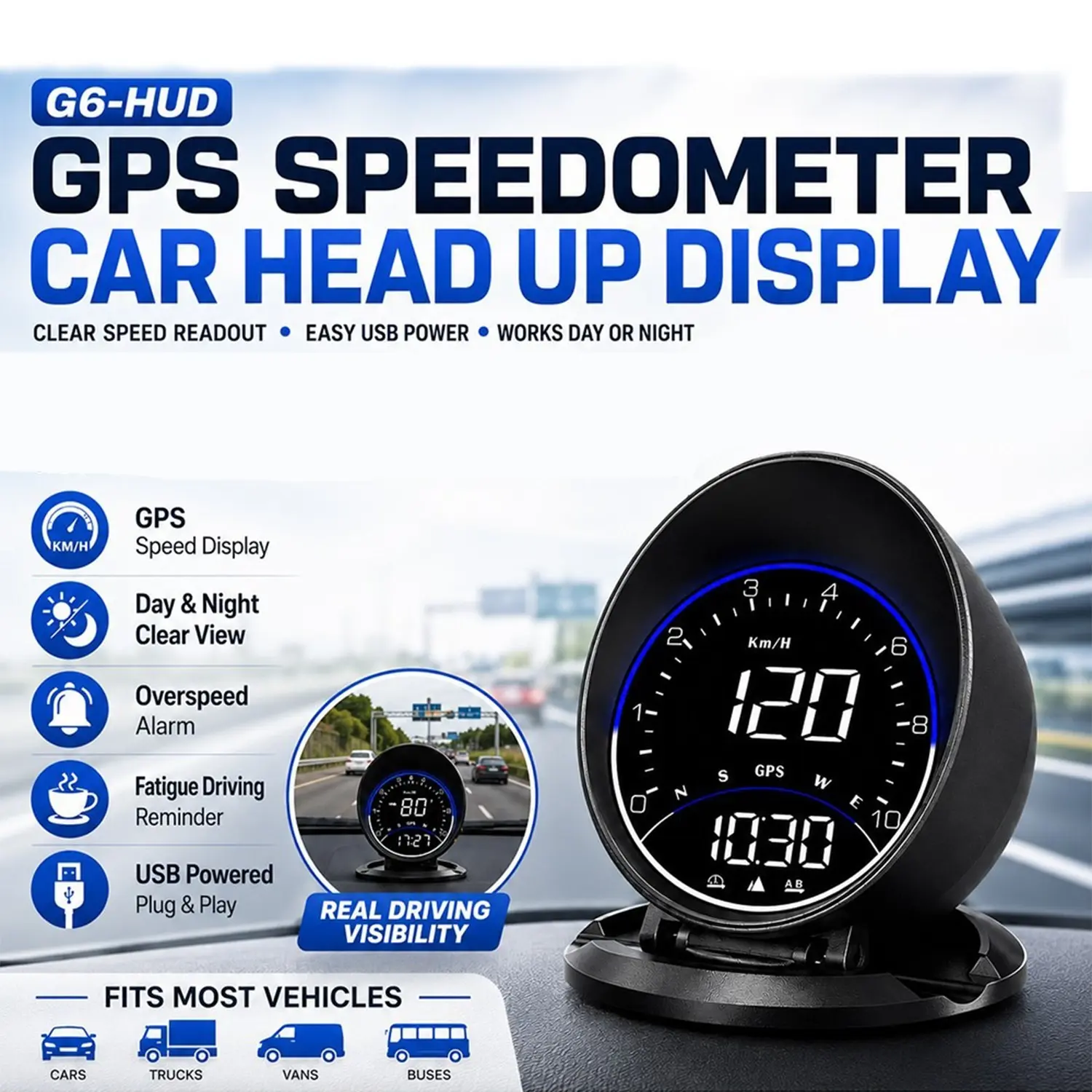 G6 Car Hud Display, Digital GPS Speedometer, All Vehicles, High-Definition, Over-Speed Alert, Altitude, Distance, Compass