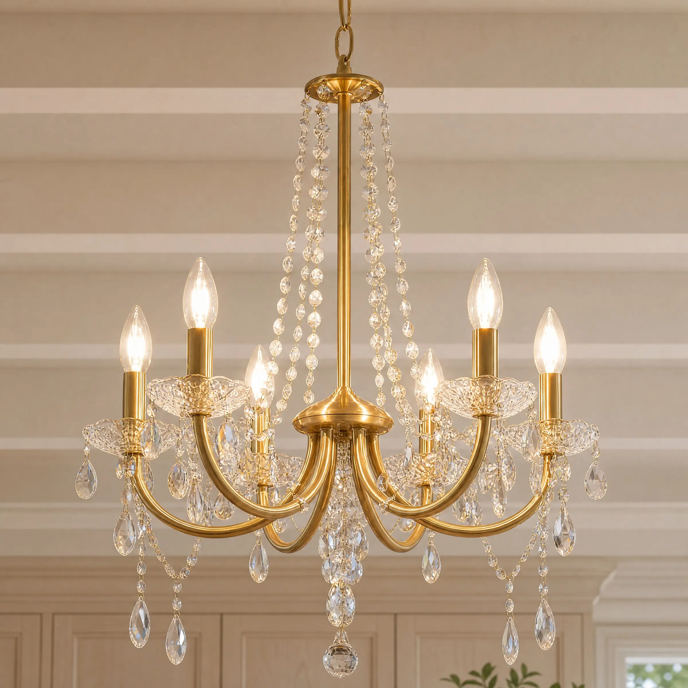 Gold Chandeliers Ceiling Lights, 6 Lights Modern Crystal Gold Chandelier for Dining Room, Crystal Brass Chandelier Lighting Fixture Lamp for Living Room Bedroom Kitchen Bathroom, Adjustable Indoor Lighting, Home Lighting, E14 Base (Bulbs Not Included)