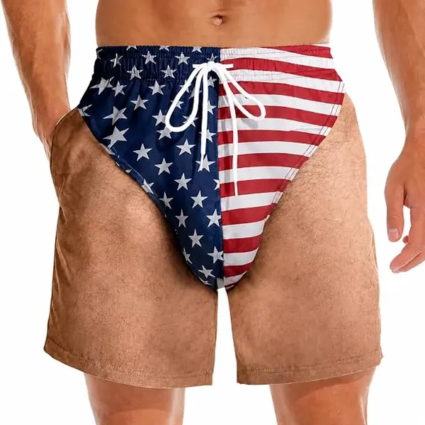 Customized Fun American Flag Men's Shorts, Realistic Hairy Leg Pattern Swim Shorts, Men's Personalized Summer Gift