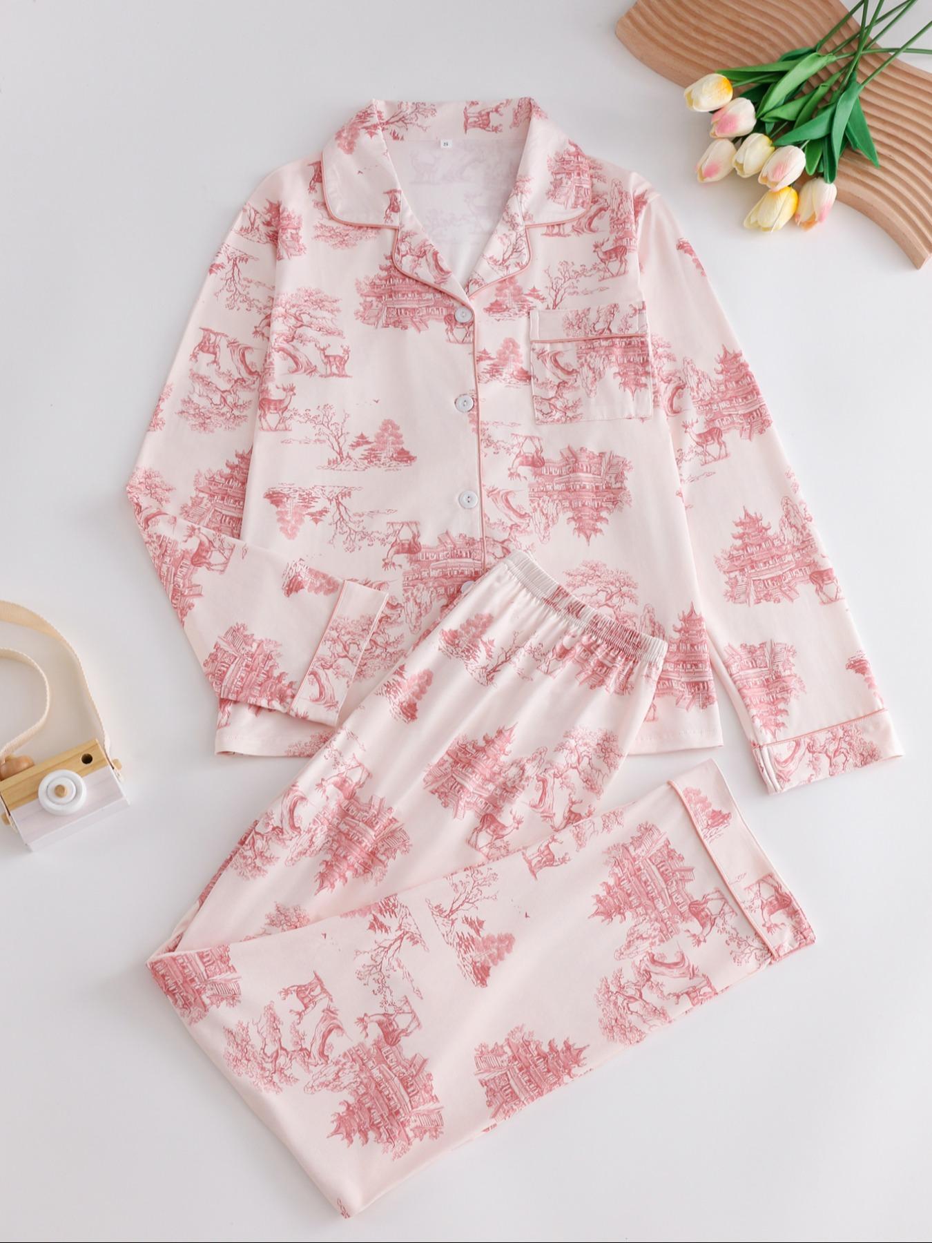 Women's 2-Piece All Over Print Button Front Pocket Lapel Shirt & Elastic Waist Pants Pyjama Set, Casual Comfy Long Sleeve Top & Trousers Matching Pj Set, Women's Sleepwear for Spring & Fall