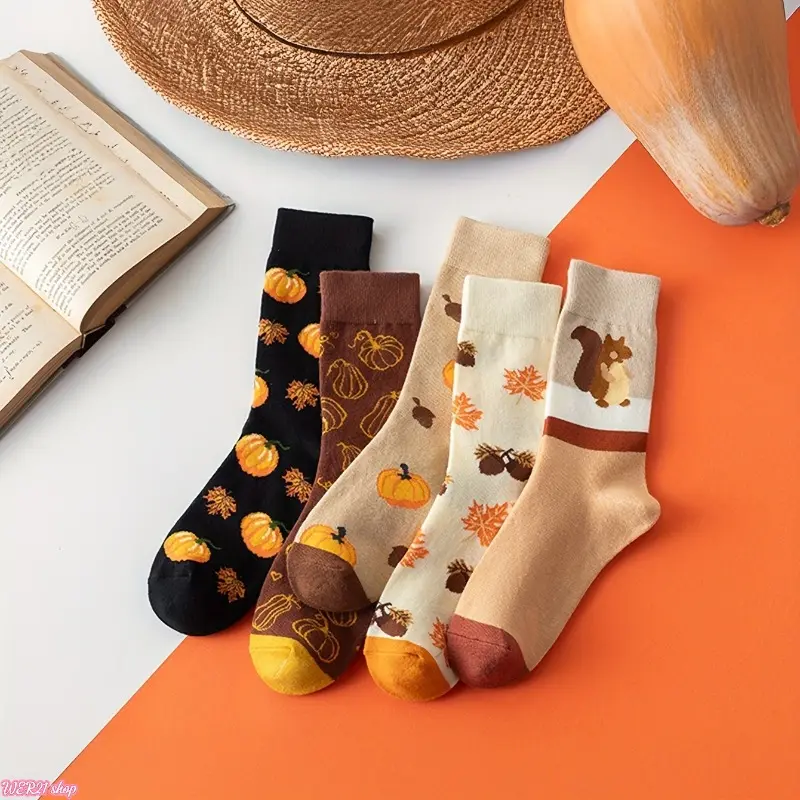 [HalloweenTok] Women's Mid-Calf Crew Socks (5pcs) - Viral 2026 Fall Thermal Fabric Hosiery with Cartoon Pumpkins, Squirrel, Maple Leaf Prints, Cute Novelty Casual Footwear for Thanksgiving Holiday Gift