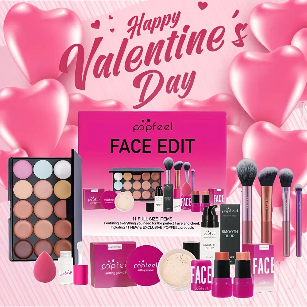 POPFEEL 12-in-1 full face makeup set, makeup set, Makeup Gift Sets, with primer, foundation, concealer, powder, blush, contour, highlighter, eyeshadow, lipstick & makeup brushes, Waterproof long-wearing, portable for beginners, travel & holiday gifts