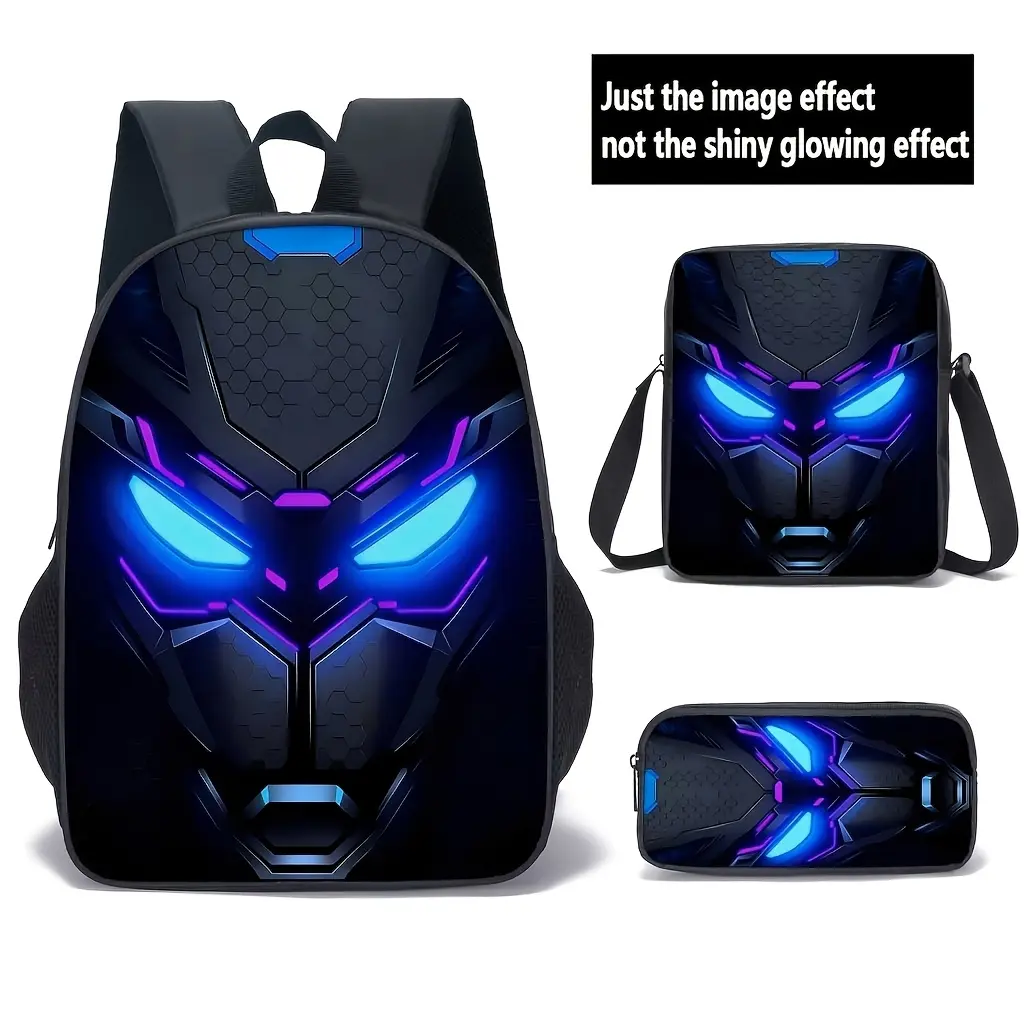Superhero Theme Unisex 3-Piece Black Panther Backpack Set - Oxford Cloth School/Dayuse Bag with Adjustable Strap, Neon Blue & Purple Glow Mask Print, Crossbody Bag, Large Compartments Pencil Case for Fans