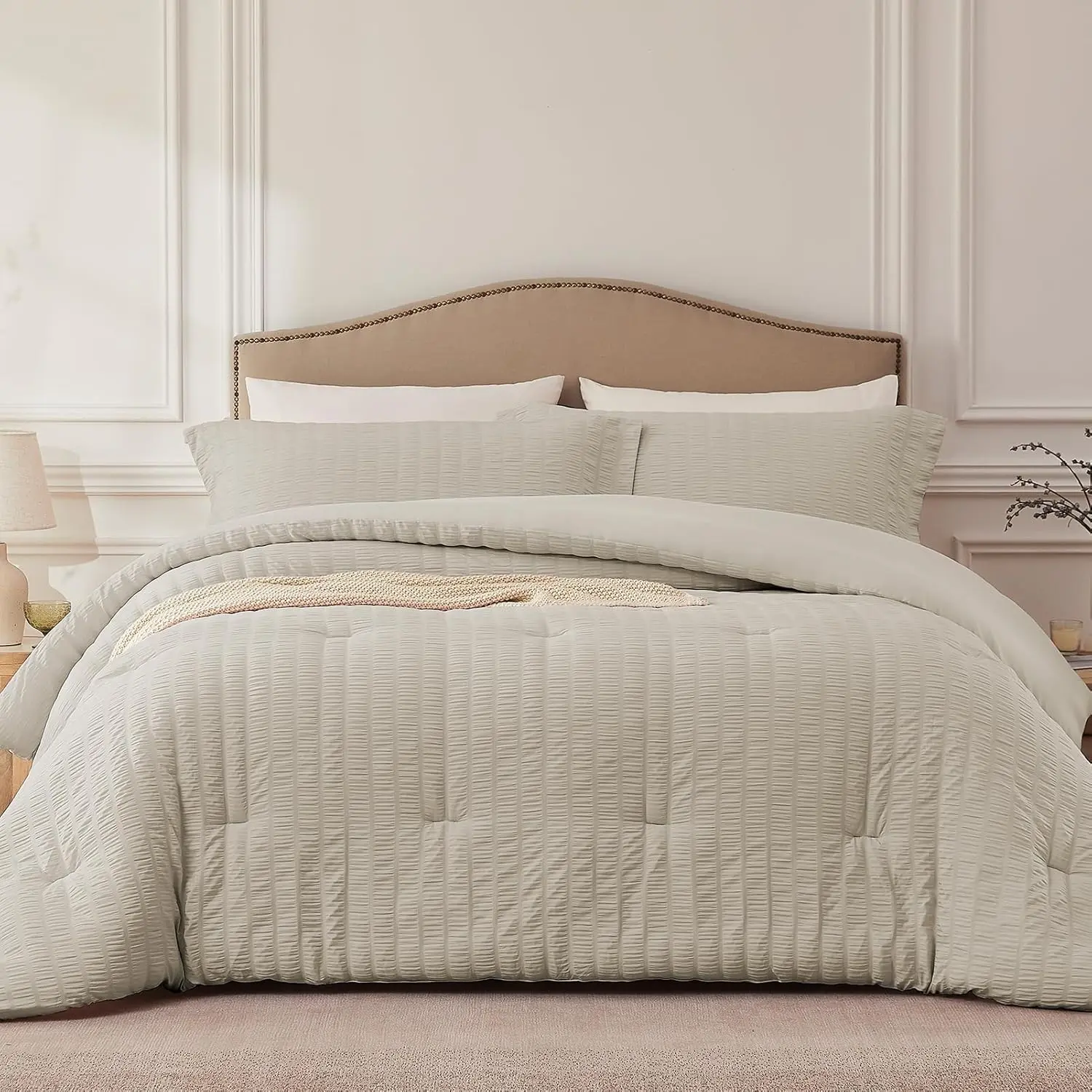 Oatmeal Full Comforter Set - 3 Pieces Seersucker Lightweight Bedding Comforter Sets (1 Soft Comforter & 2 Pillowcases) - All Sets