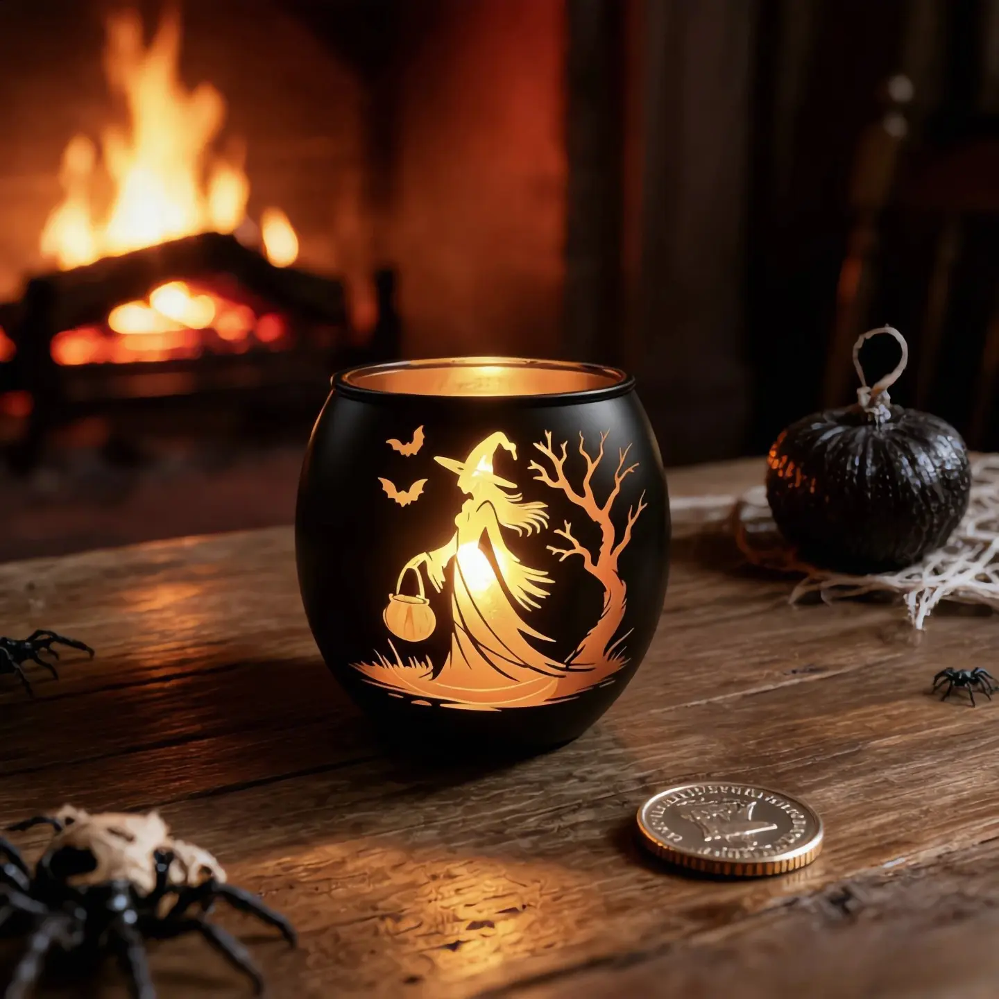 2pcs Halloween Black Golden Glass Candlestick, Featuring Spooky Silhouette Witch, Bat And Tree Silhouettes Candle Holder, Suitable for Home, Tabletop, Party, Indoor Decor, Halloween Decoration, Autumn Harvest and Thanksgiving Decor