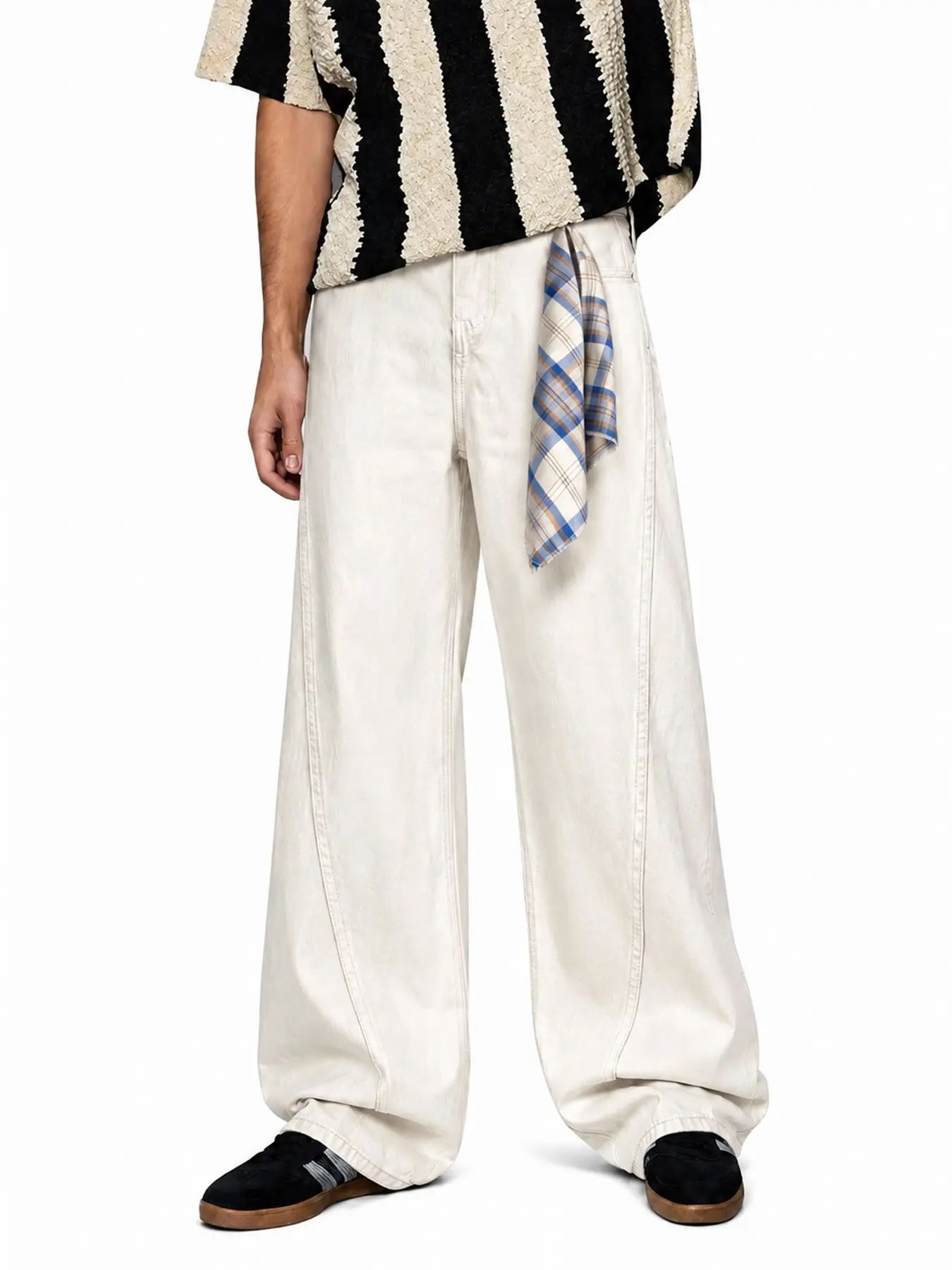 Men’s Cream White Baggy Jeans with Subtle Jacquard Texture, Wide Leg Relaxed Fit Casual Streetwear Denim Pants