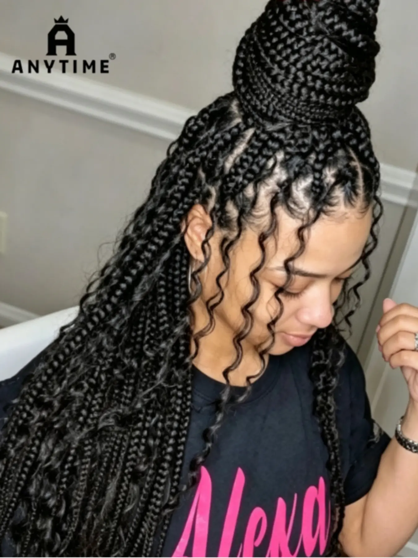 Anytime 32inch African Braided Full Lace Wig, Hand-Crafted Long Box Braid, Bouncy Curly Tips, Natural Hairline, for Women