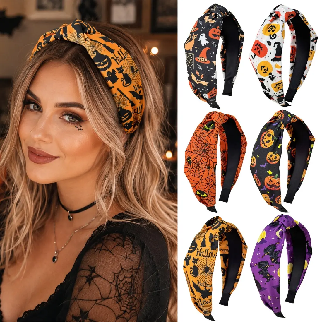 Women's Halloween Wide Hair Hoop - Soft Cotton Plastic Knotted Headband with Pumpkin Ghosts, Lightweight Softness, 1 Size Fits Most, Fall Festival Cosplay Party Hair Accessory, Headbands, Accessories For Women