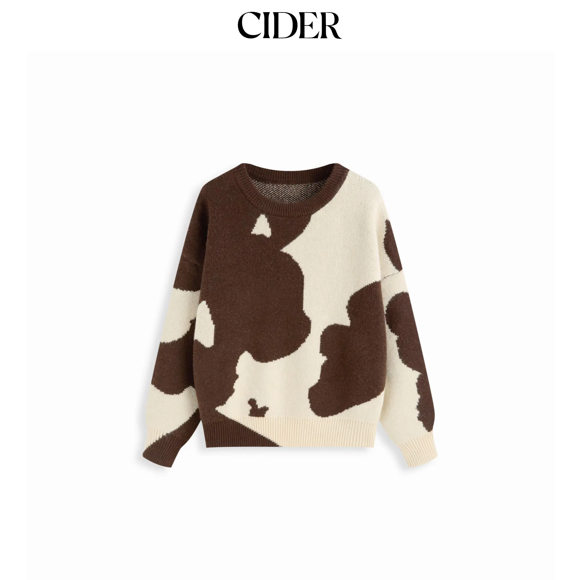 Cider Knit Wool-blend Cow Pattern Round Neckline Long Sleeve Oversized Top SohoChic