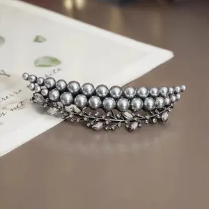 Vintage Pearl Crescent Moon Spring Hair Clip for Women, Elegant French Style Back Head Barrette, Strong Hold Delicate Hair Clasp for Half Updo Bun Hairstyles, Premium Fashion Hair Accessory