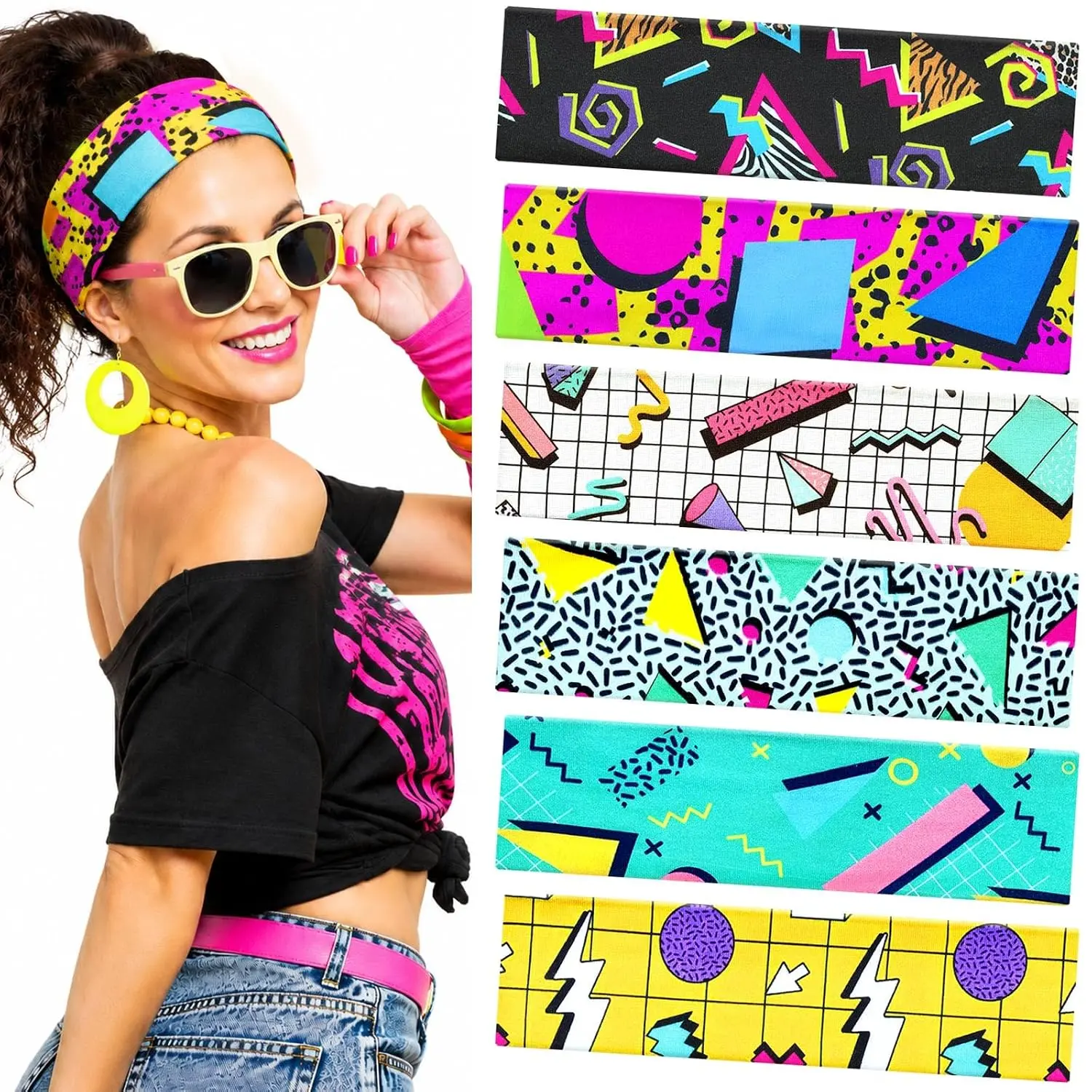 80s 90s Neon Headbands for Women Men - 6 Pack Elastic 90s -Hop  Bands for Women's Hair Soft  Hair Bands for Yoga, Makeup, Workout Fashion Accessories