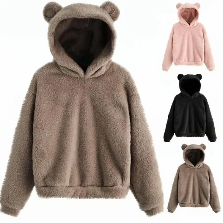 Autumn and Winter Fluffy Rabbit Ears Hooded Warm Sweater Sweater Piece Tops Long Sleeve Fabric