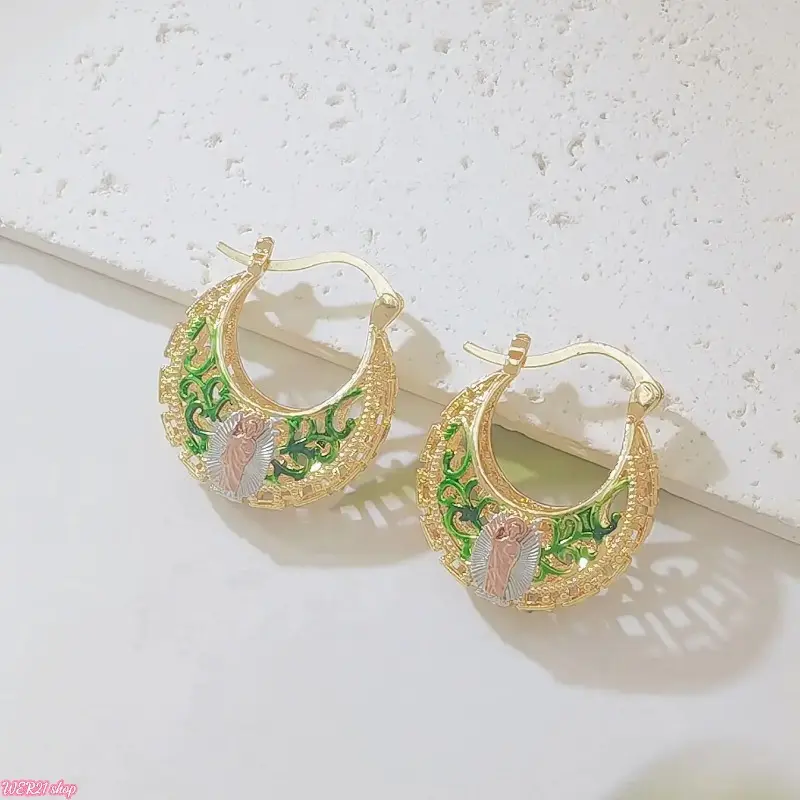 [WER21]14K Gold Plated Our Lady of Guadalupe Hoop Earrings, Tri Tone Virgin Mary with Green Enamel Filigree, Boho Religious Basket Hoop Earrings for Women, Good Luck Protection Jewelry