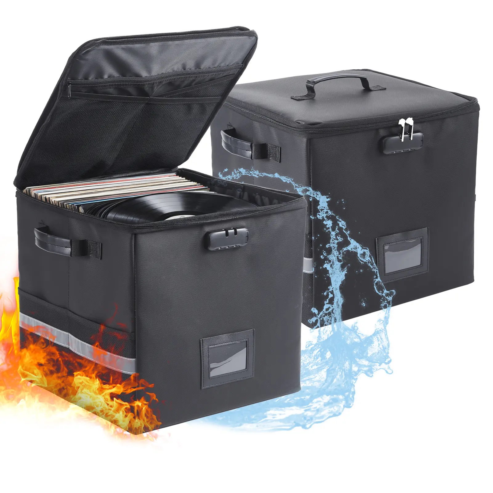 2 Pack Fire Resistant Waterproof Record Case, Lockable LP Storage Box with Reflective Tape, Foldable Vinyl Media Organizer for Home