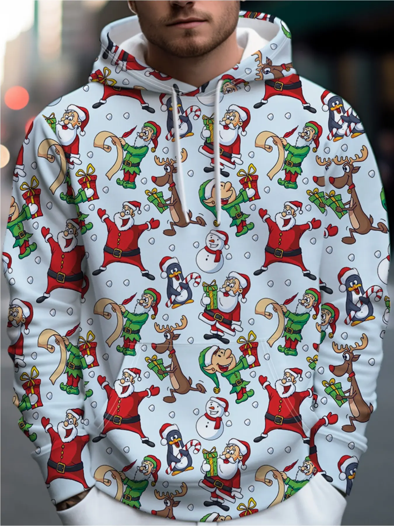 Men Women Christmas Hoodie 3D All Over Print Santa Claus Elf Reindeer Penguin Snowman Graphic Drawstring Pocket Pullover Sweatshirt Winter Holiday Xmas Party Casual Long Sleeve Hooded Top Unisex Christmas Gift Outfit