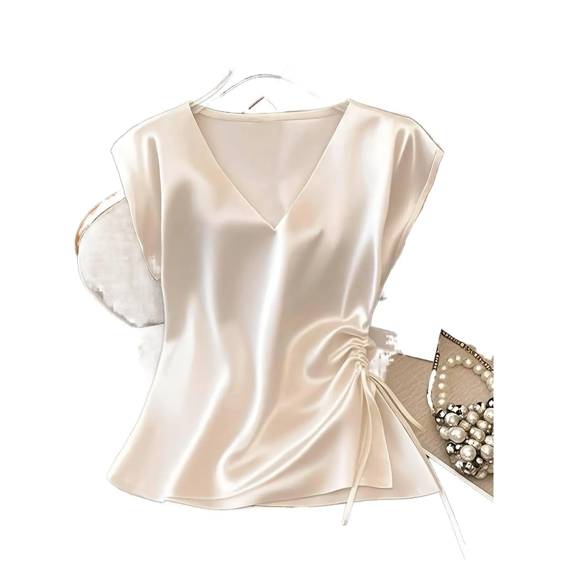 Chic Women Solid Satin V‑Neck Pleated Short Sleeve Blouse,Soft Glossy Satin Material For Office Dating Dinner Gathering Weekend Hangout