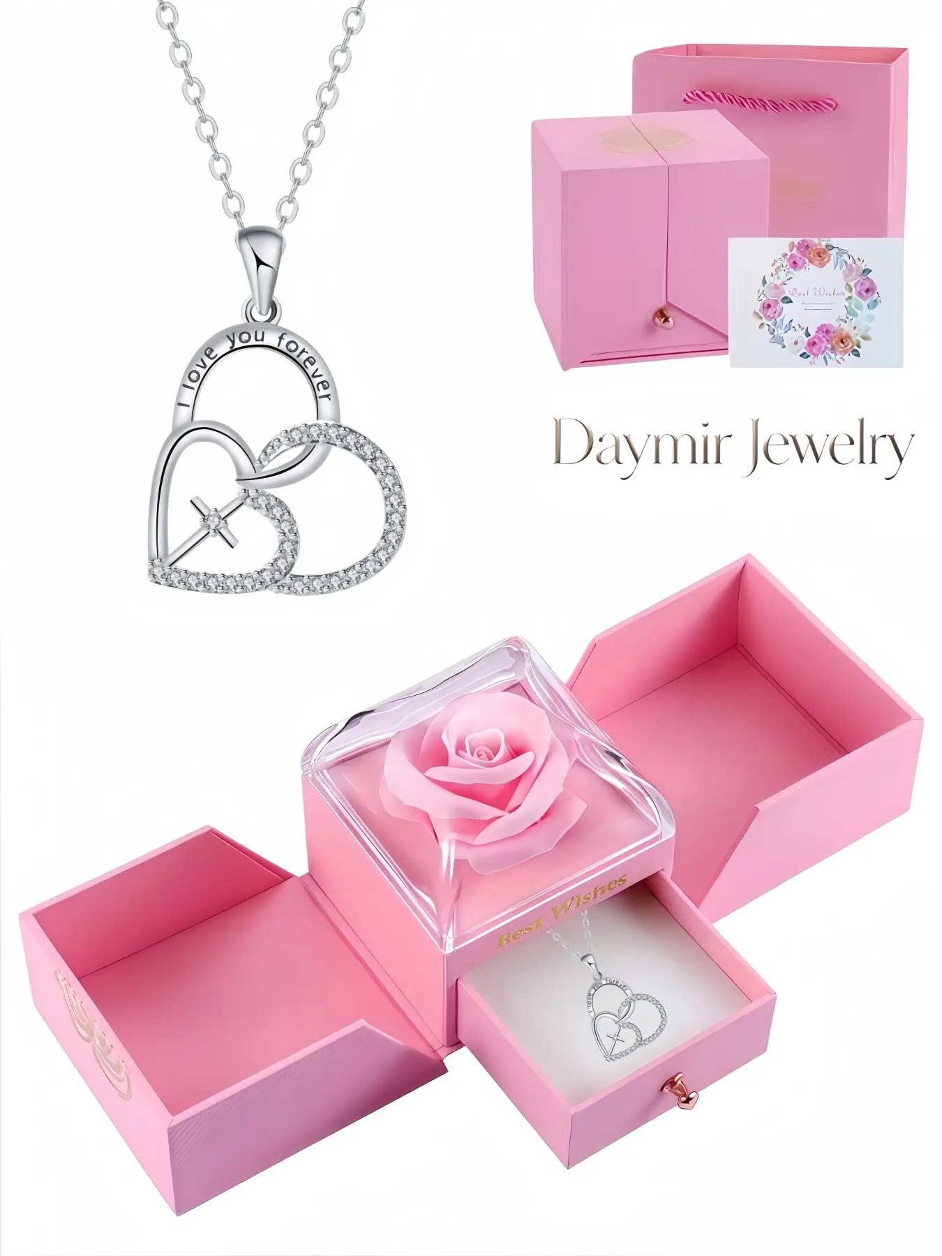 Double Heart Eternal Promise Necklace, stylish interlocking heart cross pendant. Packaged in surprise double-door preserved rose jewelry box, a wonderful gift for dates, Valentine’s Day and Christmas.