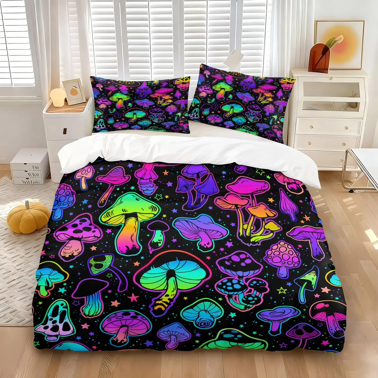 Funky Trippy Mushroom Duvet Cover Set, Includes 1 Duvet Cover & 1‑2 Pillowcase, Neon Y2K Bedding Set, No Filling, Colorful Stylish Bed Linens, Cool Gift for Teens & Gamers, for Bedroom, Dorm Decoration
