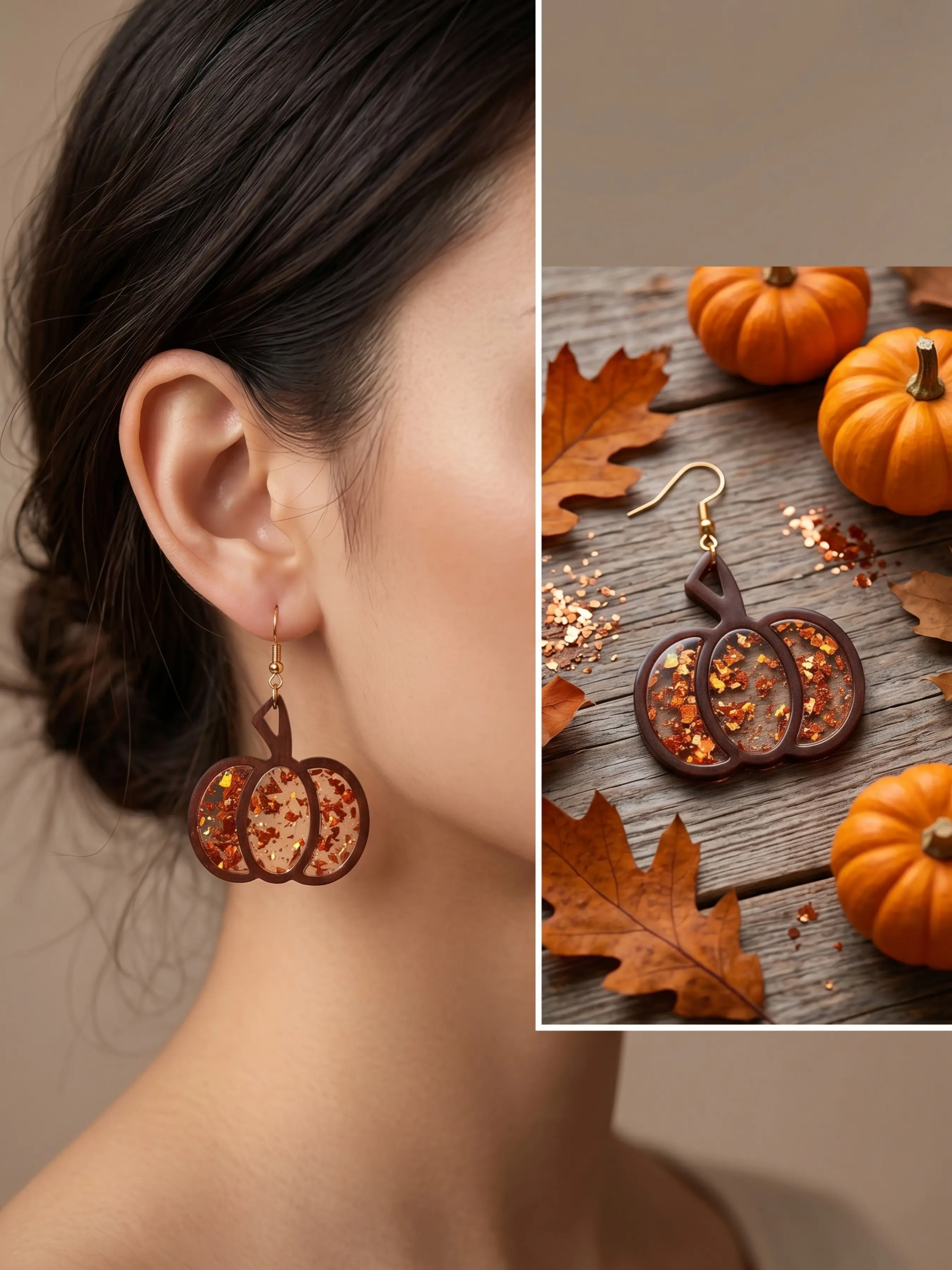 Boho Hollow Out Wooden Pumpkin Dangling Earrings, Multicolor Glitter Ear Hooks, Vintage Autumn Atmosphere Jewelry, Teenage Thanksgiving Party Accessories