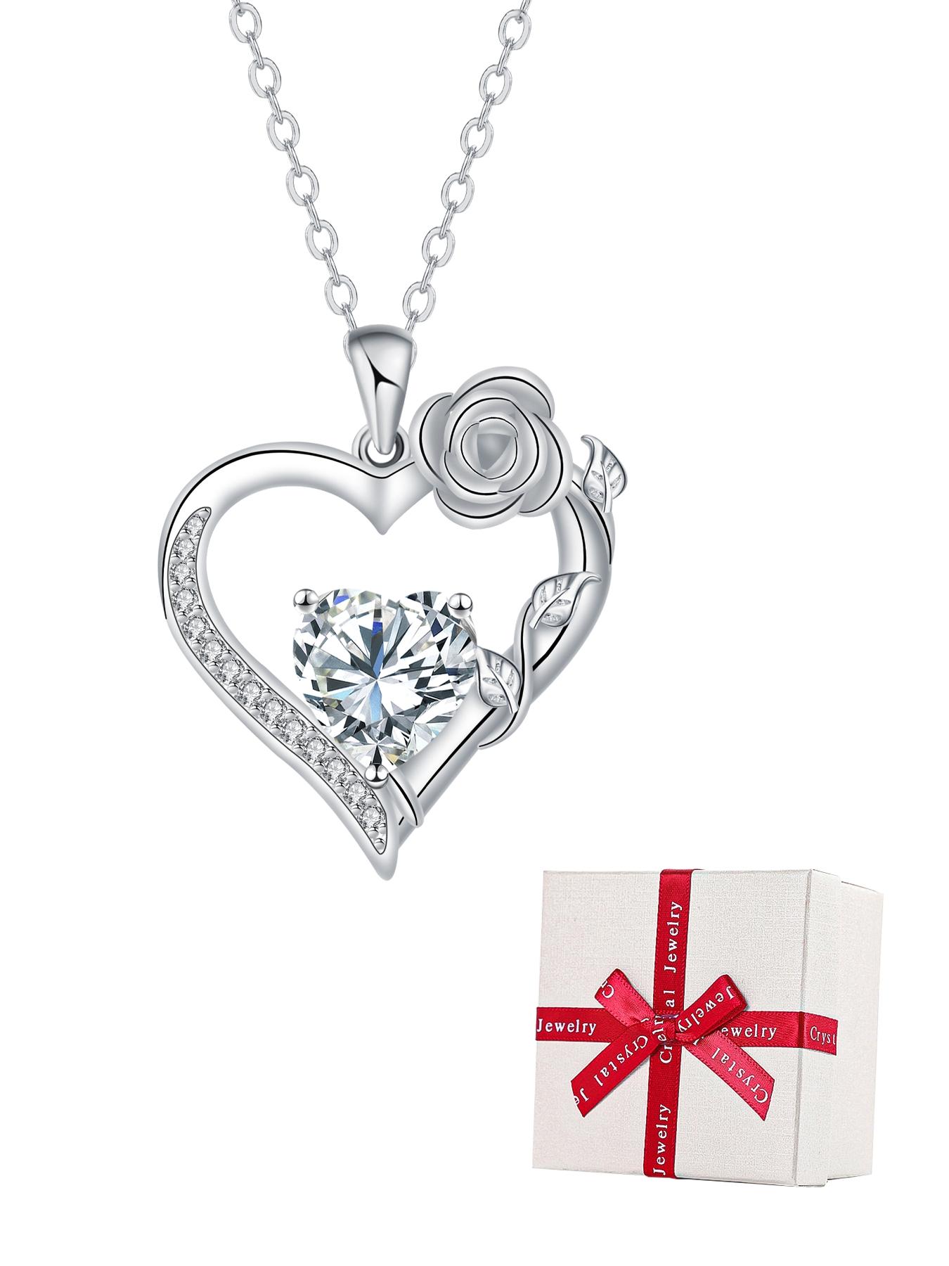 Rose Flower Heart Pendant Necklace With Rose Jewelry Gift Box, Love Heart Necklace, Anniversary Birthday Gifts for Women Mom Wife Her, Mother's Day Jewelry Gift for Mom