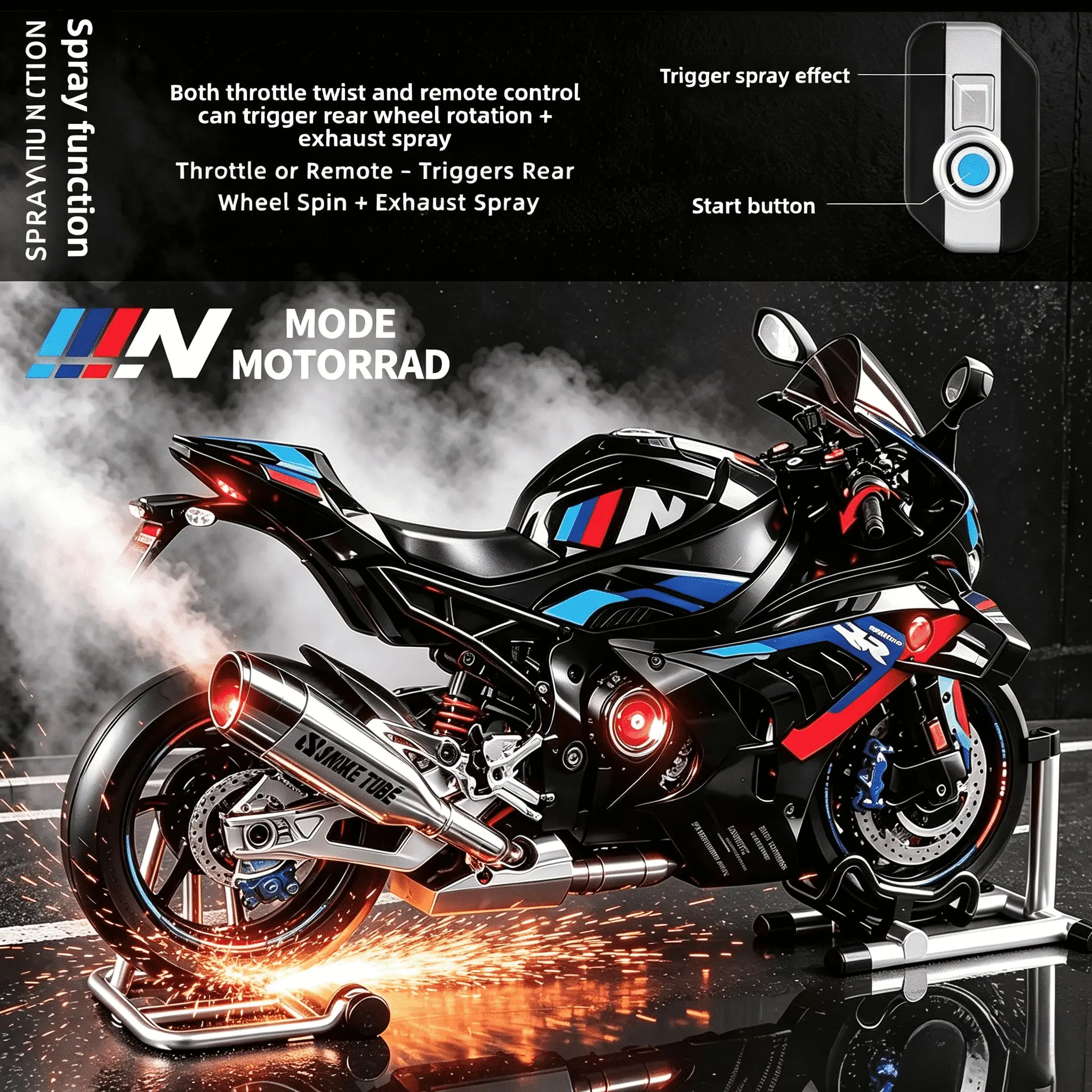 1:9 alloy die-cast super motorcycle model, with remote-controlled spray function, rotatable rear wheel, light and sound simulation of the motorcycle, collectible desktop decoration, gift for motorcycle enthusiasts