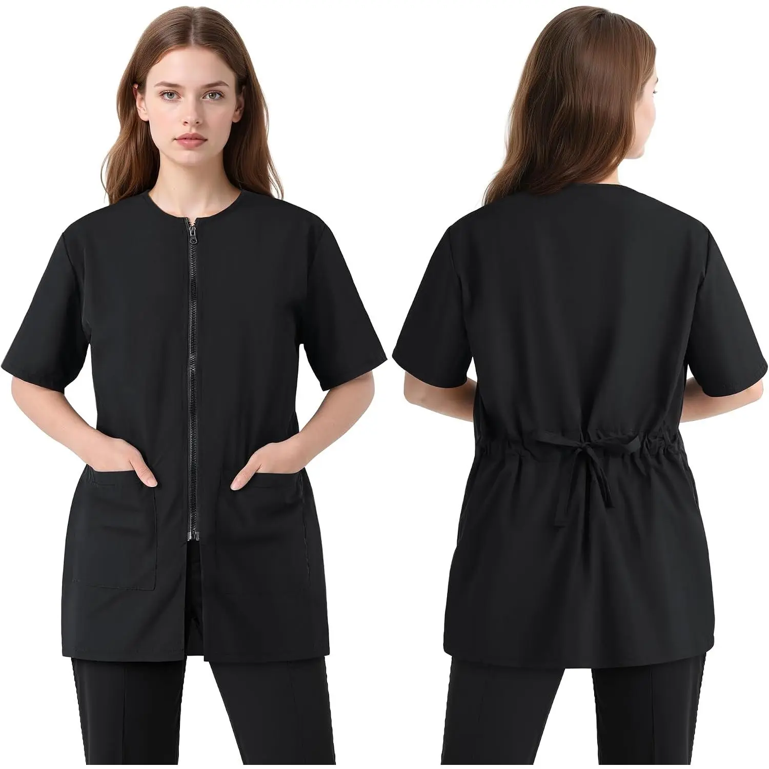Unisex 2-Pack Lightweight Waterproof Animal Pet Grooming Smock - Short-Sleeve, Adjustable Drawstring, Zippered, Pocketed, Smooth Fit Breathable Nylon Workwear for Women Groomers, Gardening Tasks