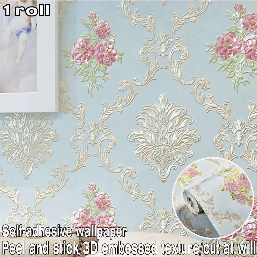 Peel and Stick Floral Wallpaper 3D Embossed Vintage Damask Self Adhesive Wallpaper Roll Removable Waterproof Floral Wall Paper for Bedroom Living Room TV Background Home Decor 1000×53cm