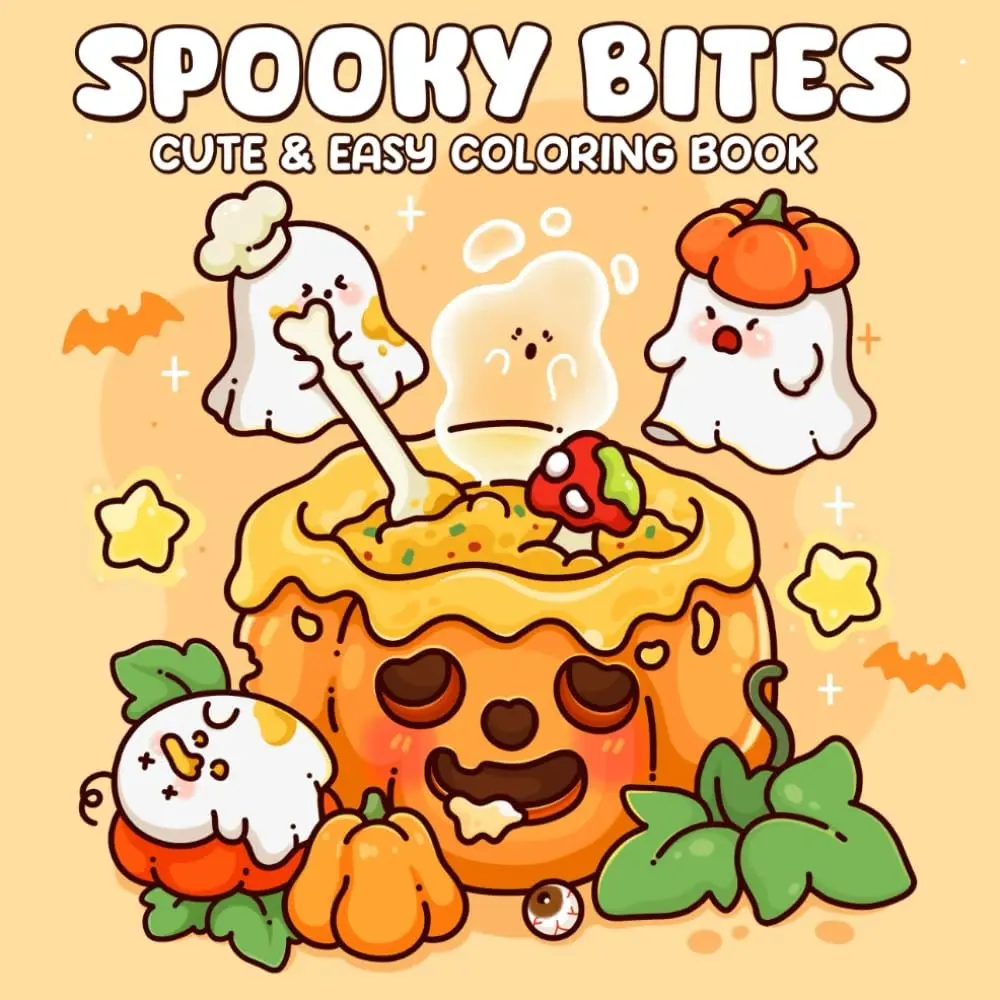 Spooky Bites: A Cute & Easy Coloring Book Illustrations for Adults and Teens Featuring Mischievous Ghost Friends, and Comfort Foods for Stress Relief,Creative DIY coloring pages, holiday gifts