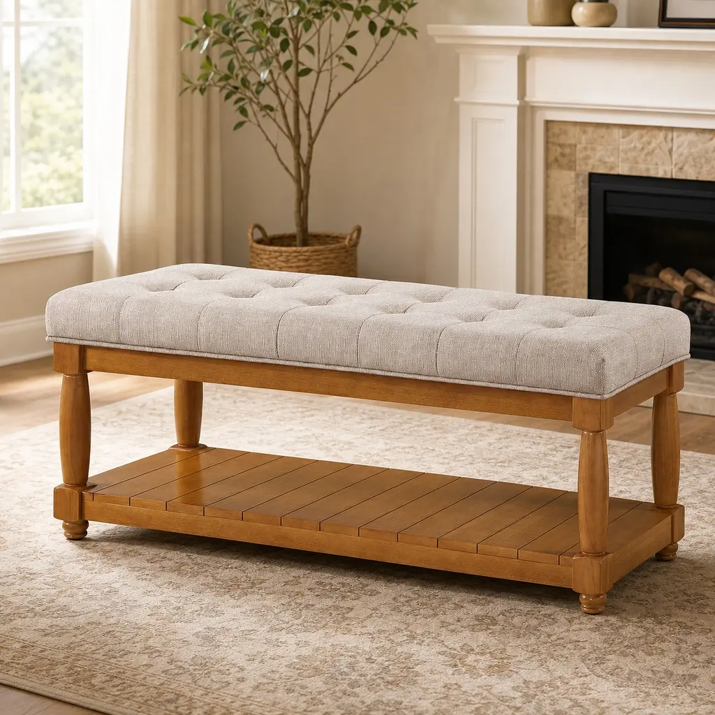 ARCH Upholstered Linen Storage Bench with Shelf, Tufted Ottoman Bench for Bedroom Entryway Living Room, Solid Wood Spindle Legs Accent Furniture, Linen, 44.25x16.75x18 in, Foam Cushion, Espresso Wood Tone, Rectangle Shape, Armless Backless Design, 16.75 W
