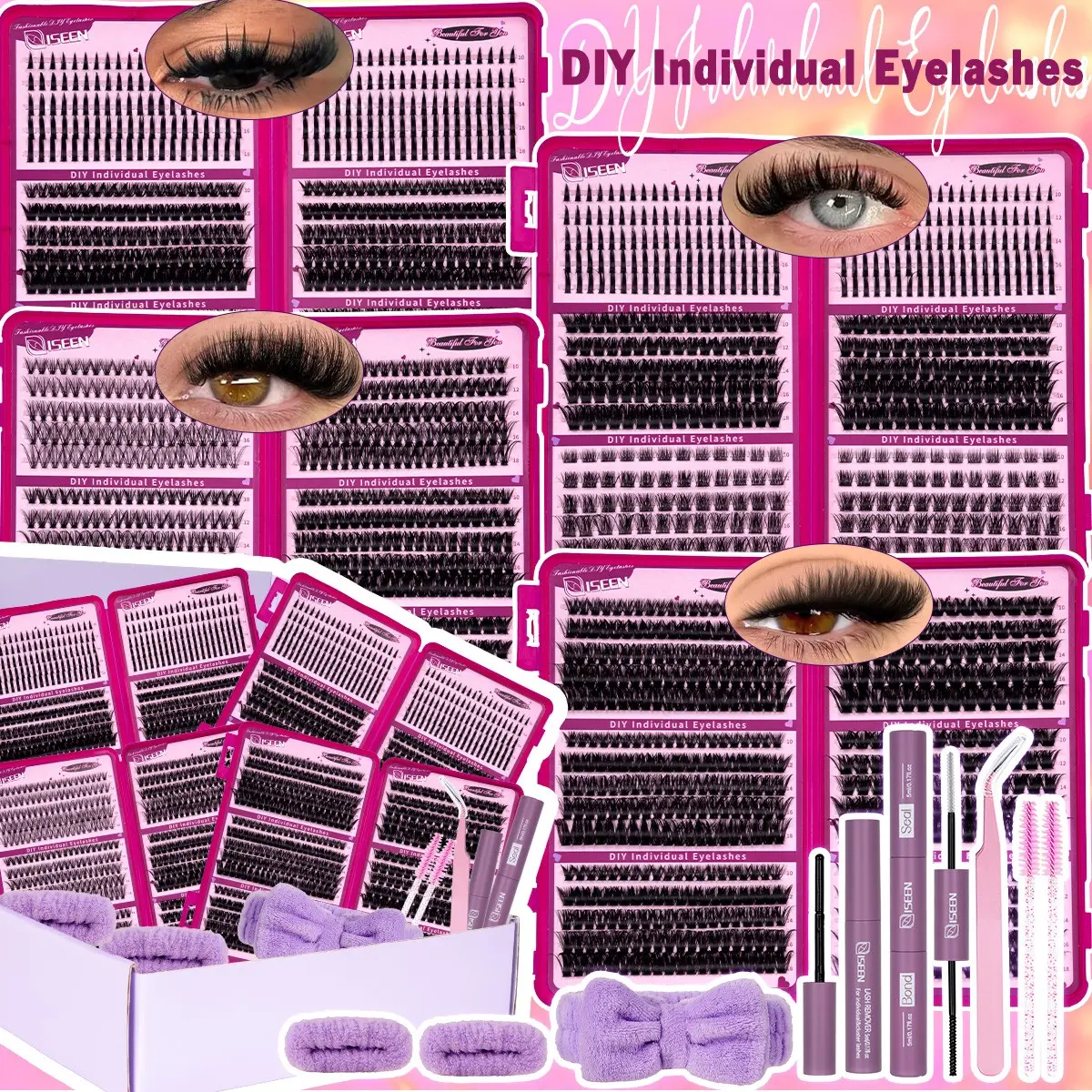 2130pcs False Eyelash Clusters Kit,10-18 mm D Curl 30D/40D/50D/80D/100D/120D/Manga/Spiky Natural Volume Individual Eyelashes Book Set with Bond & Seal, Brush,Hairband and Tweezers, Perfect for DIY at Home for Women and Beginners