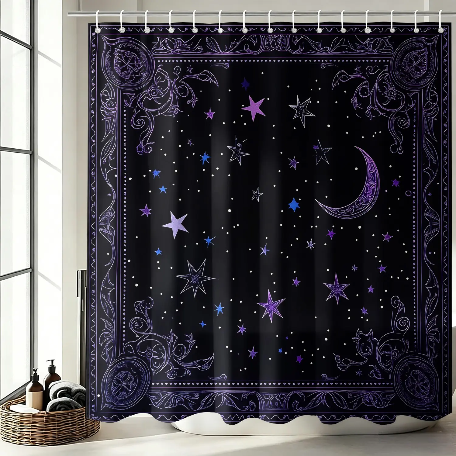 Purple Celestial Moon Star Waterproof Modern Shower Curtain, Vintage Frame Galaxy Print Bath Curtain, Mold Resistant Quick Dry Bathroom Accessory Decor, Bathing Cover with 12 Plastic Hooks & Rustproof Metal Grommets 72x72 Inch