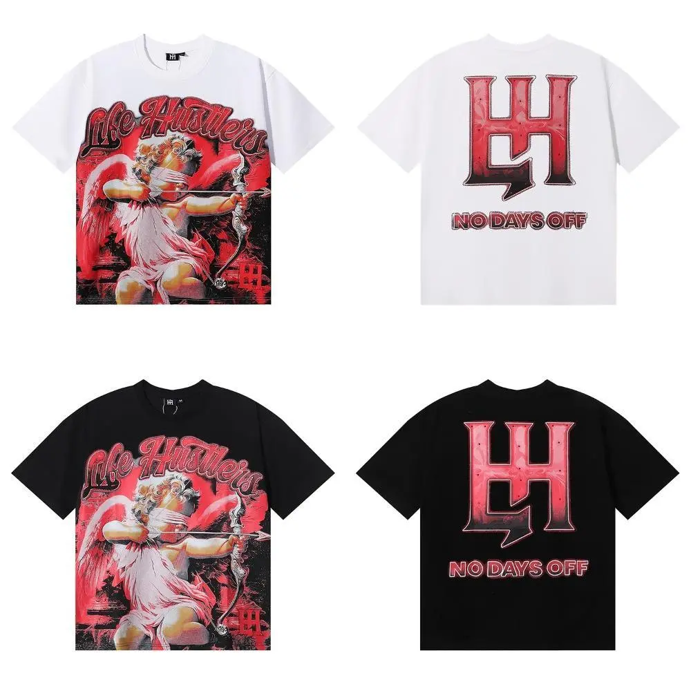 Unisex Double Cotton Short-Sleeve Sports T-Shirt - High-Quality, Rhinestone-Embellished Life Hustlers Masked Angel Archery Design, Casual Streetwear for Summer Festivals, Back to School Slim Shape Men's Moisture Wicking