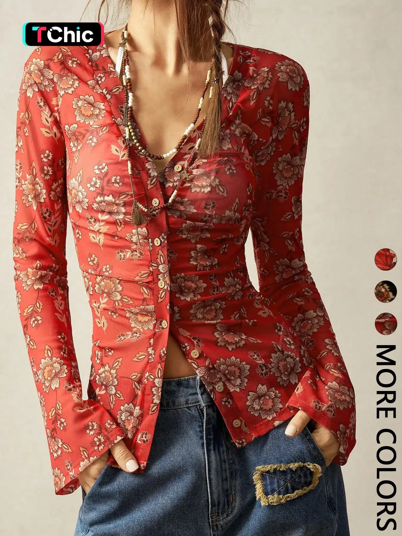 Boho Vintage V-Neck Flared Sleeve Blouse For Women, Long Sleeve Bohemian Style Vacation, Simple Fashion Casual Everyday Wear
