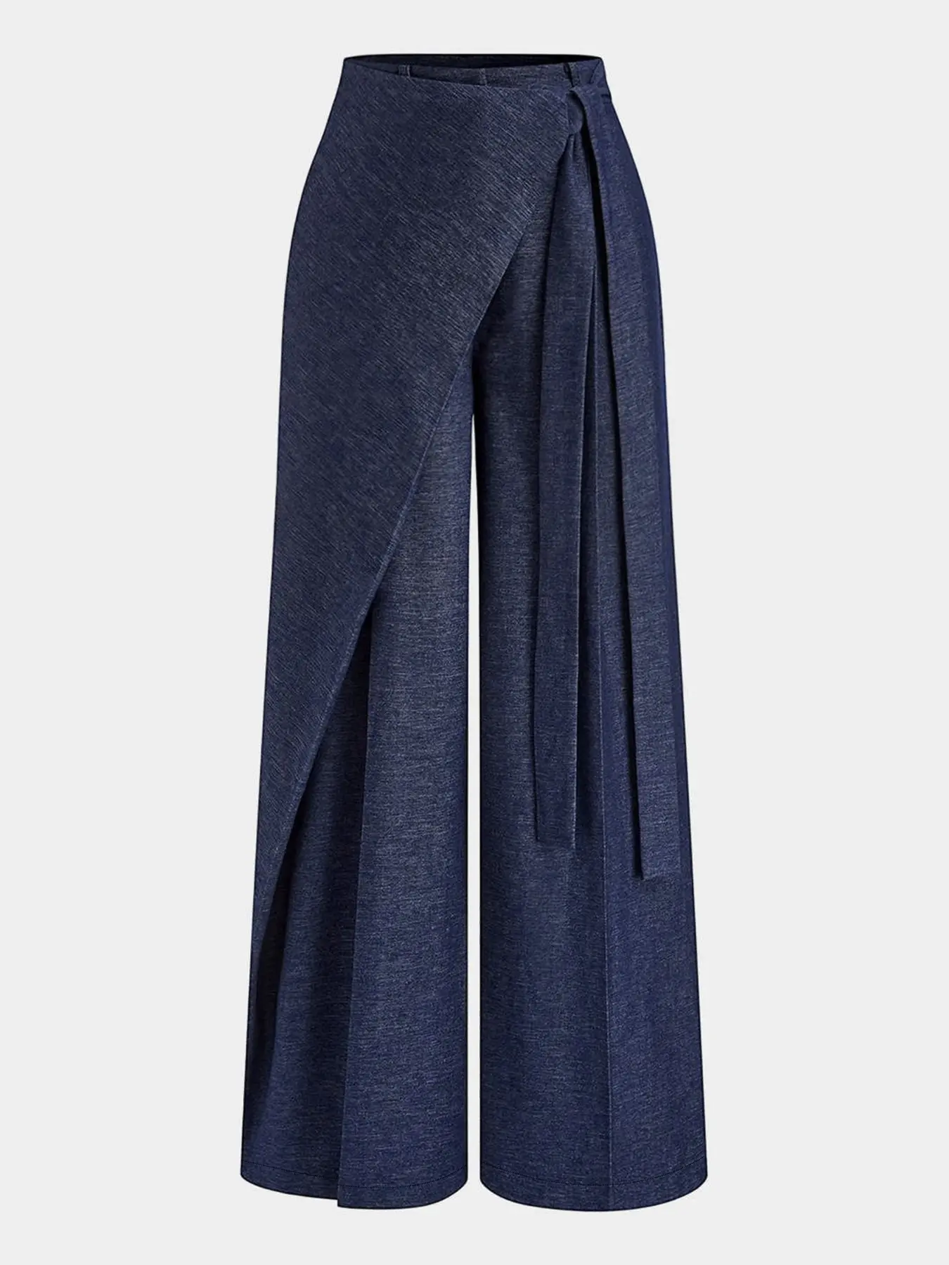 Elegant Wrap Design Denim Wide Leg Trouser Pants, Side Tie Split Hem High Waist Wide Leg Jeans, Stylish Long Pants for Women, Bottoms, Fit