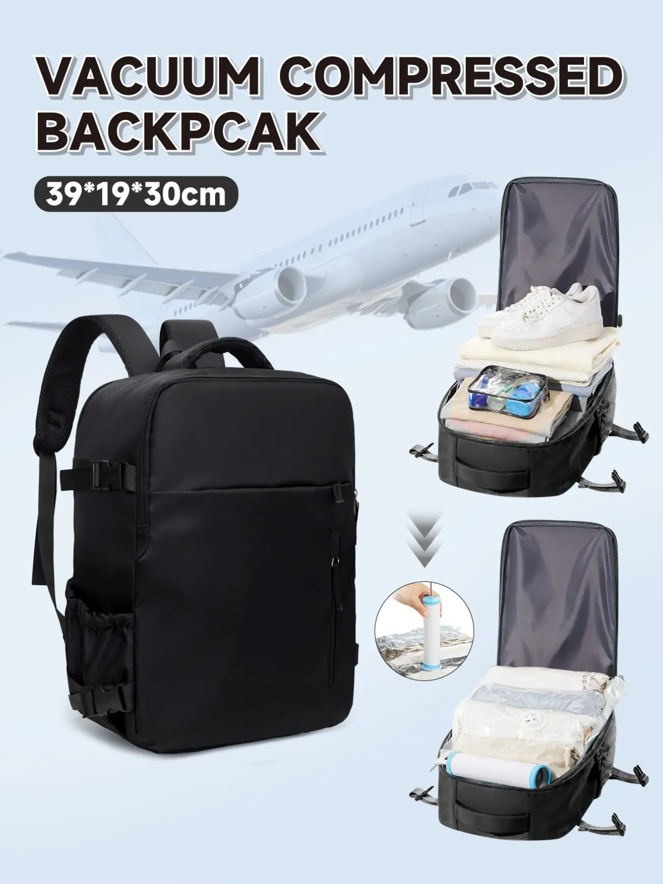 Vacuum Compression Multifunctional Travel Backpack, Manual Pump & Compression Bags, 40x30x20cm, Lightweight, Unisex, Zipper Closure, Nylon