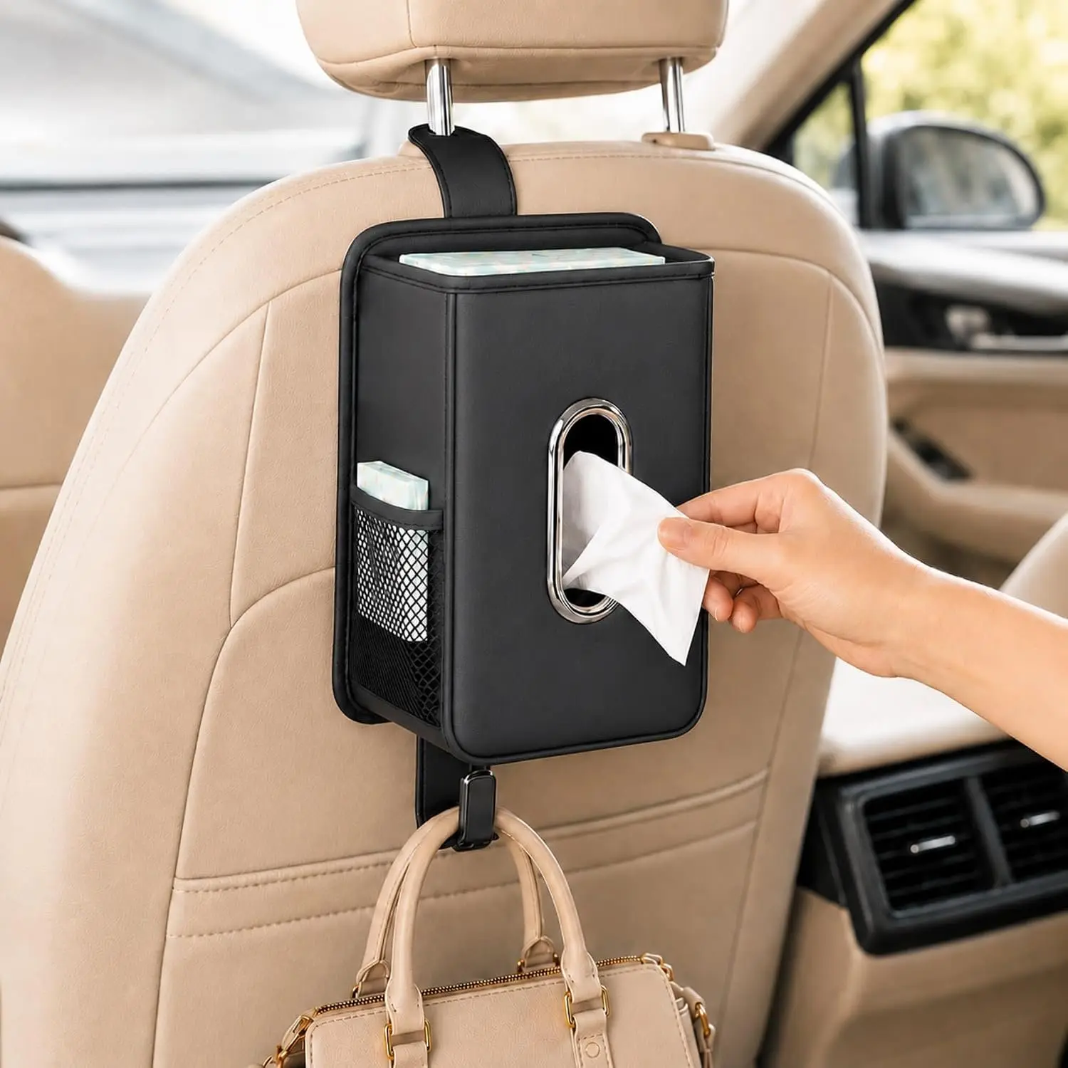 Multifunction Leather  Tissue Holder with Headrest Hook 1 Pack |  Small Trash Can & Seat  Organizer PU Leather kleenex holder for 120-150 Tissues Keep  Tidy, Black
