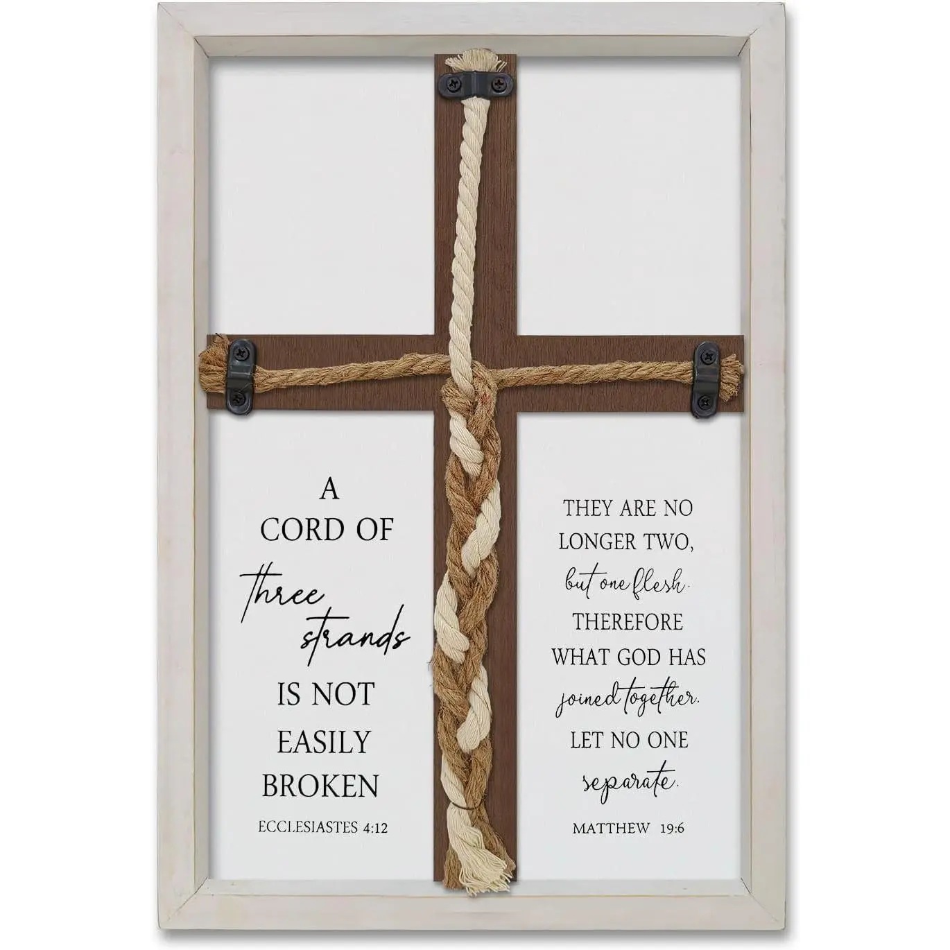 Cord of Three Strands Wedding Ceremony Unity Sign Framed 15x10 Inch Christian Marriage Prayer Cross Matthew 19 6 Wall Decor Hanging (White)