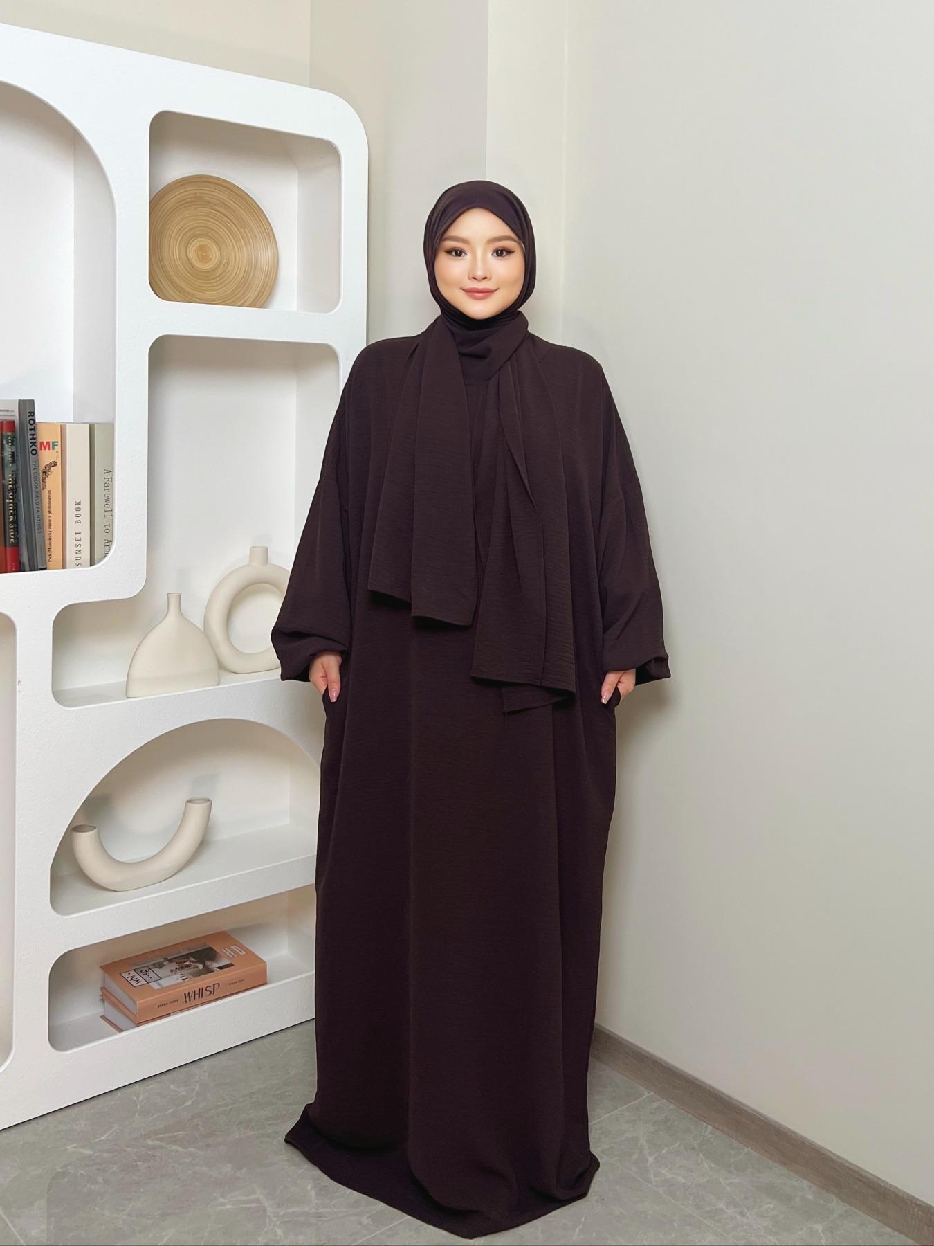Women's Solid Pocket Bishop Sleeve Hooded Abaya, Islamic Abaya, Modest Casual Long Sleeve Abaya for Spring & Fall, Summer Outfits 2024, Muslim Clothing for Women
