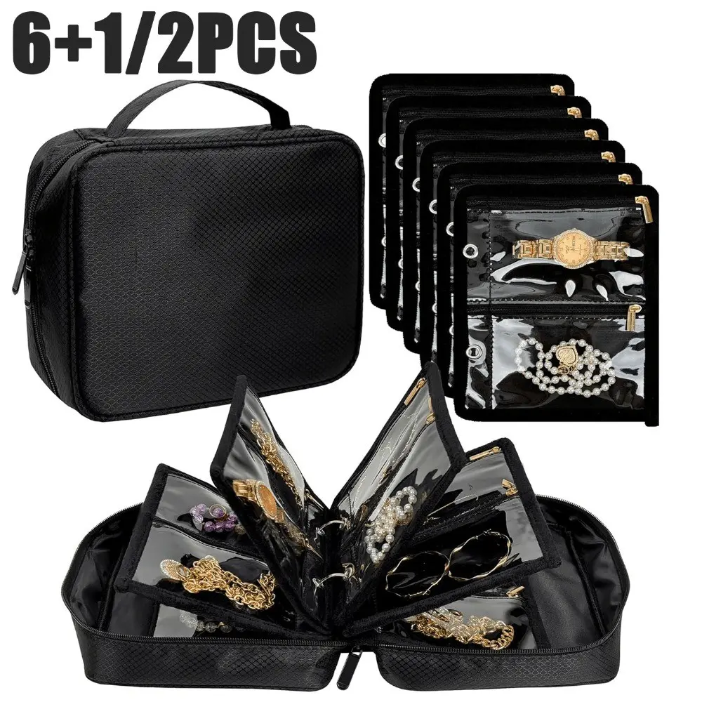 6+1/2pcs Nylon Lightweight Travel Jewelry Storage Box, / Velvet Pouch with 24 Transparent Zippers, Organizer for Earrings, Rings, Necklaces, Bracelets, Watches